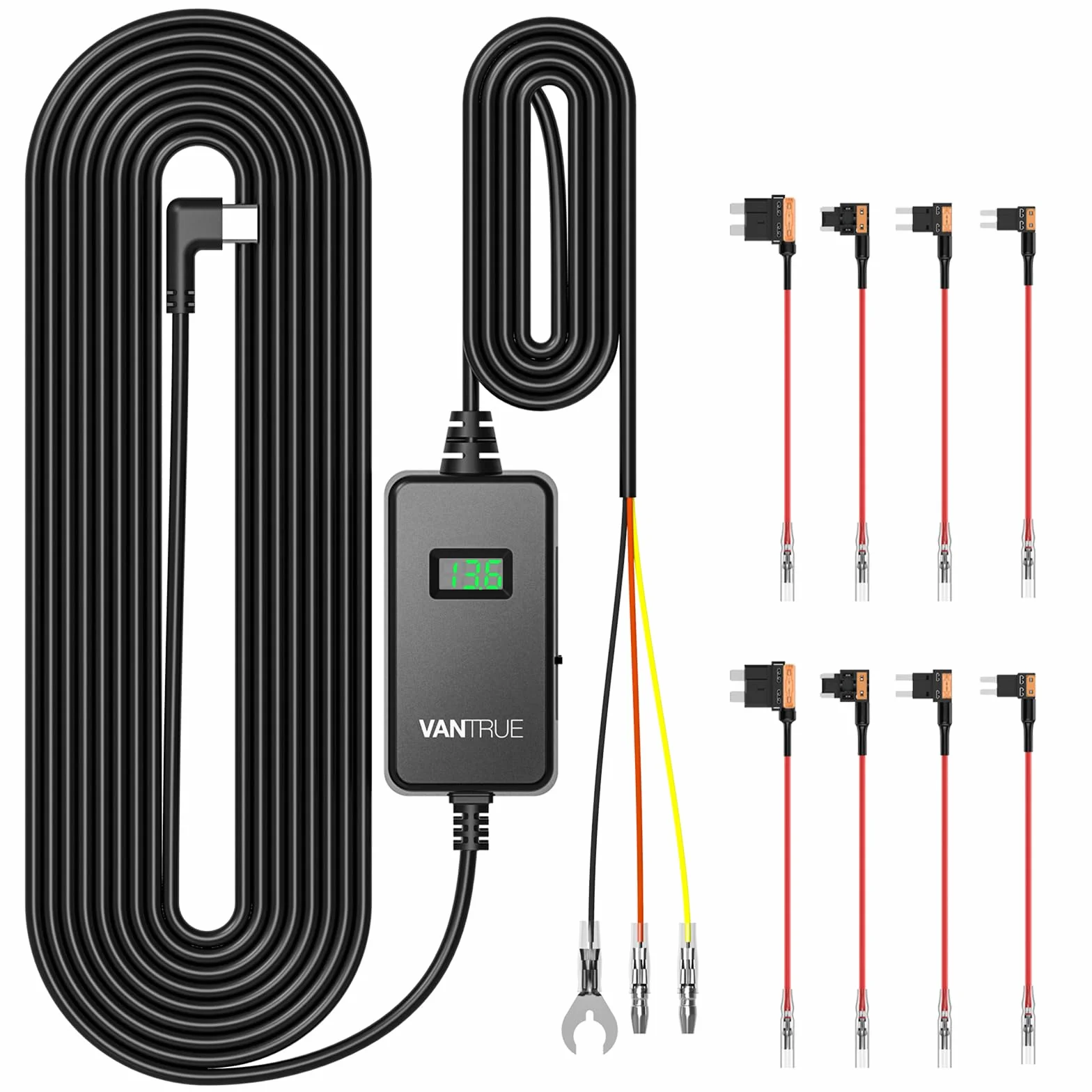 VANTRUE Kit di Cablaggio USB-C con 3 Velocità, Cavo ACC e display per Dashcam USB-C, da 12V/24V a 5V, Portafusibili con Protezione da Bassa Tensione, Modalità di Parcheggio 24H