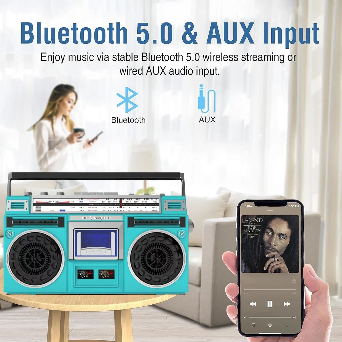 Boombox - Sistema stereo retrò con radio AM/FM, lettore CD e registratore a cassette, ingresso USB/SD, altoparlanti integrati, jack per cuffie da 3,5 mm