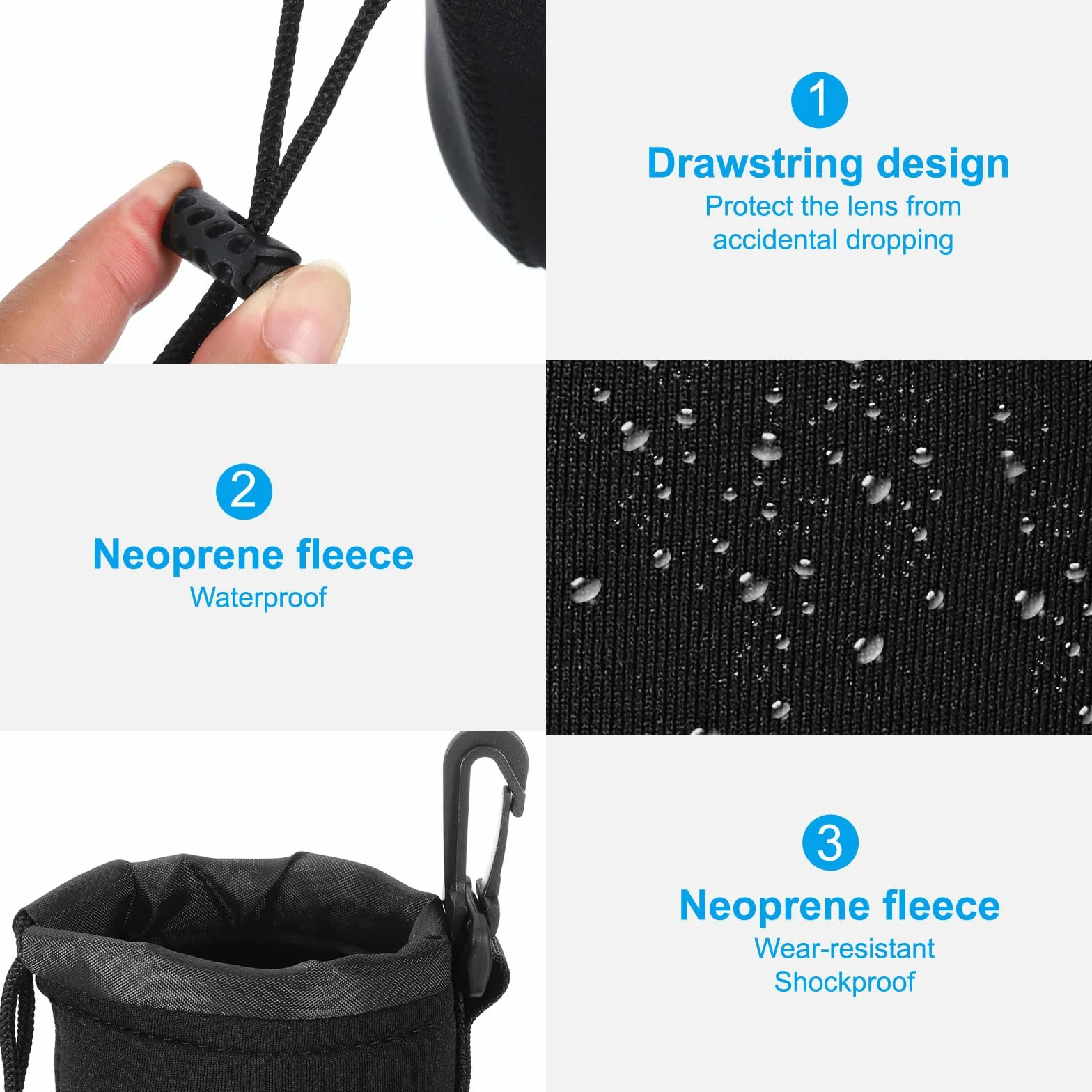 PATIKIL Borsa per Obiettivo Fotografico, 4 Pz 3.5" Id x 5.5" H Sacchetto Coulisse Neoprene Spesso Protettivo, Custodia per Obiettivo Fotocamera Dslr, Nero per Acqua e Tazze da Caffè