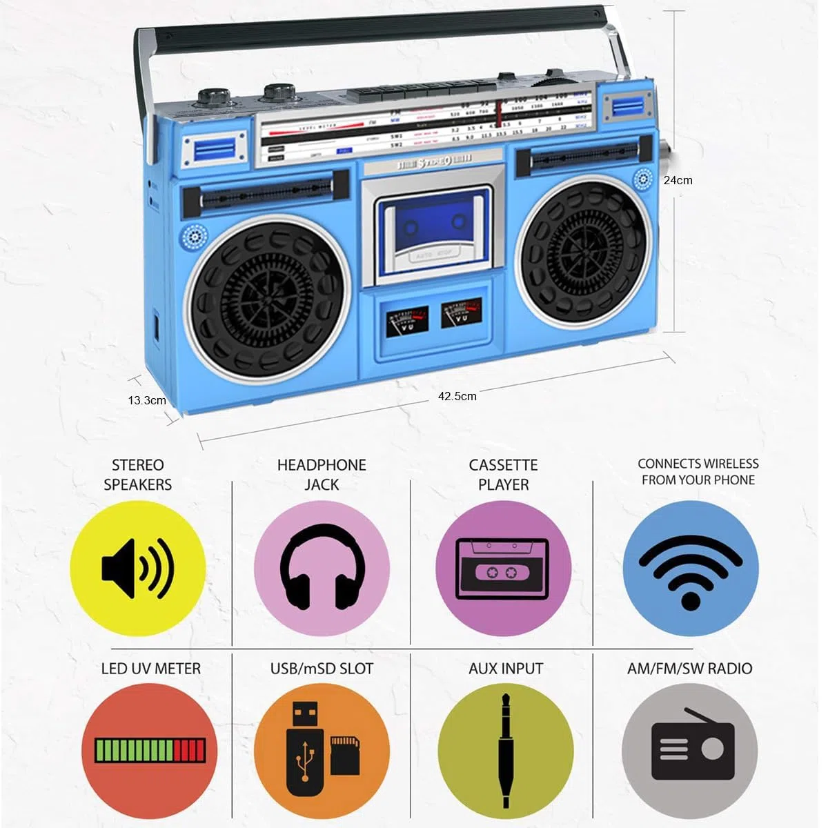 Boombox - Sistema stereo retrò con radio AM/FM, lettore CD e registratore a cassette, ingresso USB/SD, altoparlanti integrati, jack per cuffie da 3,5 mm