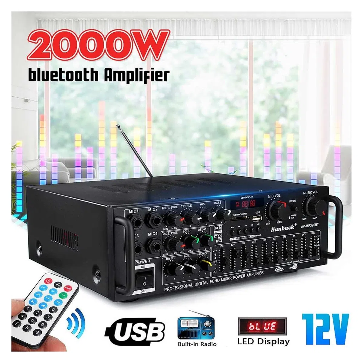 Amplificatore, Amplificatore HIFI a 2 canali Riproduzione ad alta risoluzione Amplificatore subwoofer Amplificatore di potenza USB SD con telecomando