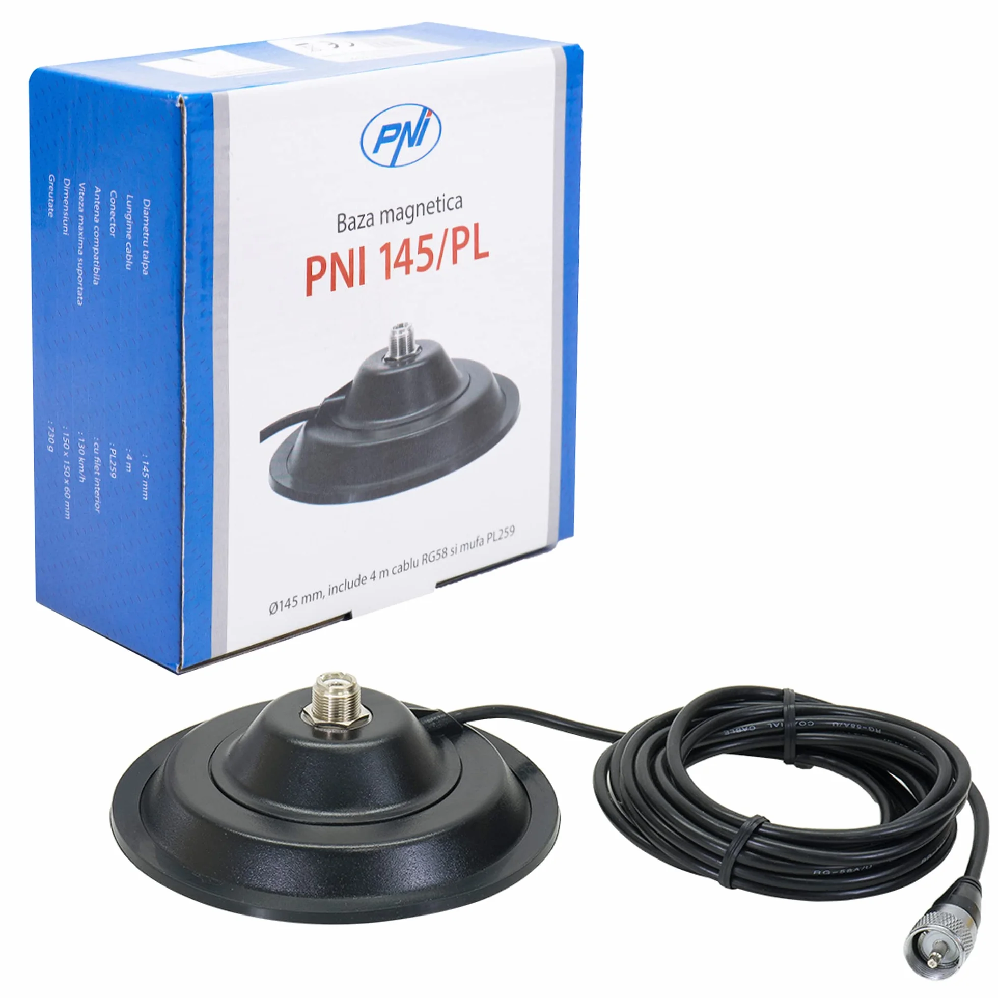 Supporto magnetico per antenna CB PNI 145/PL, 145 mm, cavo RG58 4 m e connettore PL259