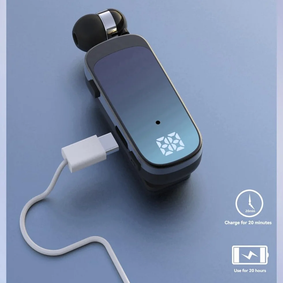 K65 Auricolare Bluetooth Cablato Retrattile con Clip per Cravatta Display Digitale in-Ear Cuffia Monoauricolare Business A Lunga Durata Blue