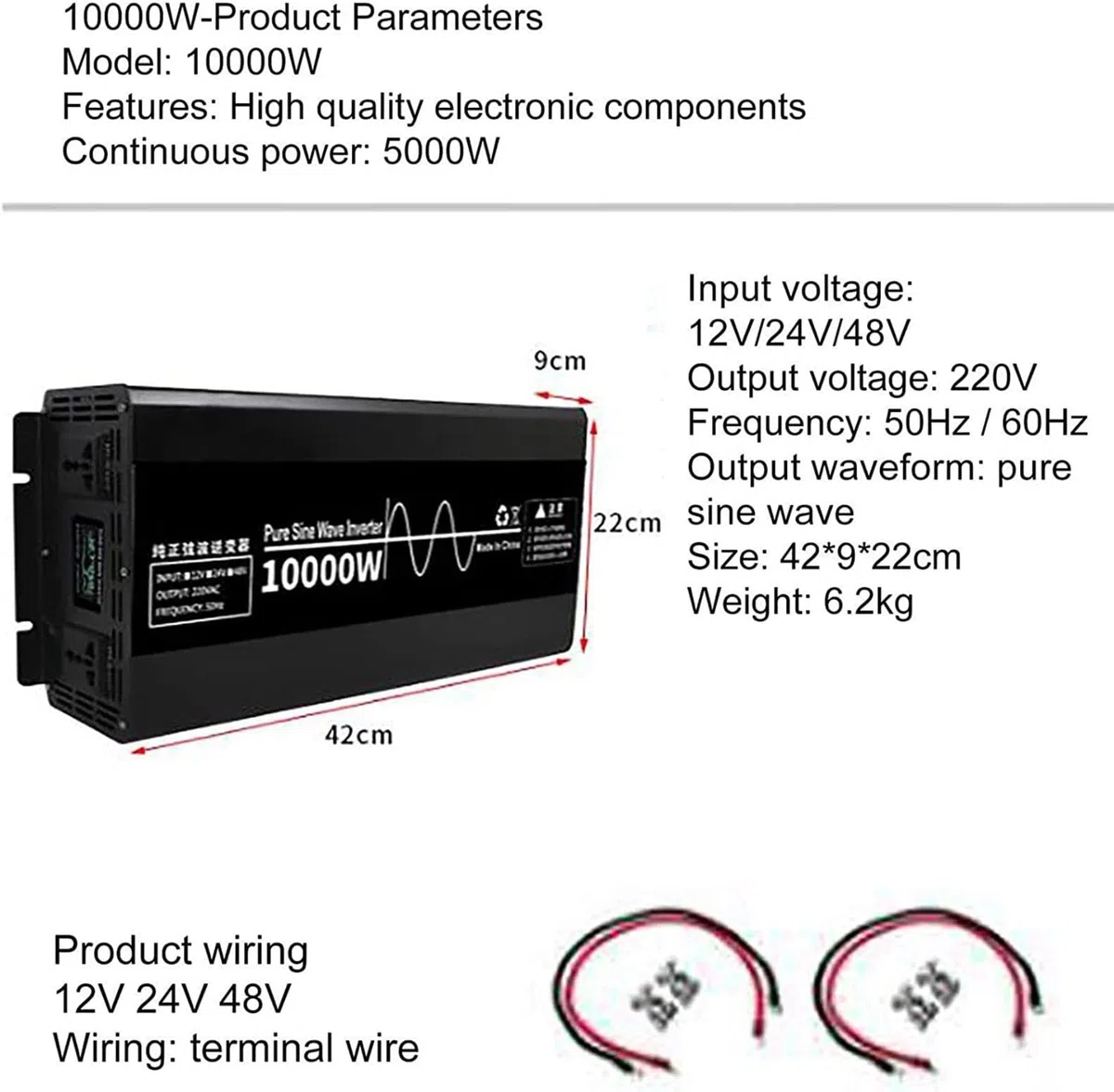 10000 W Convertitore di Alimentazione per Auto Adattatore per Inverter a Onda sinusoidale Pura Dc12v-24v 48v a AC 220- con Display a Colori Intelligente,per Campeggio da Viaggio,48V-10000W
