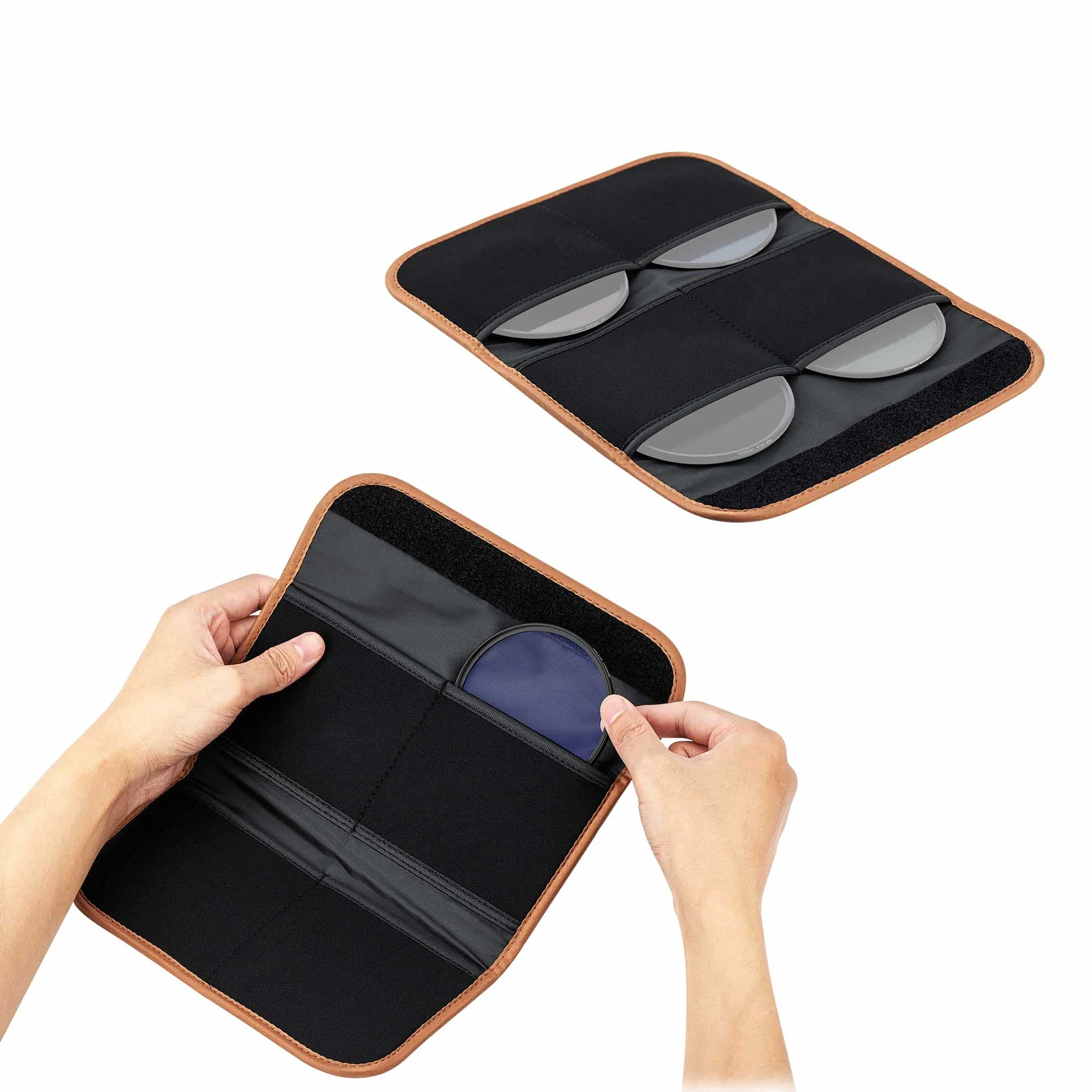 PROfezzion Custodia per Filtro 4 Tasche Custodia per filtro per Obiettivo per Borsa per il Trasporto per Filtro Tondo UV ND CPL Fino a 82 mm di Stoccaggio con Panno di Pulizia in Microfibra, Marrone