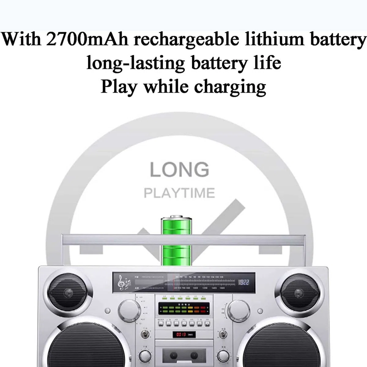 Boombox wireless retrò con Bluetooth 5.0, radio AM/FM, riproduzione SD/AUX/USB e registrazione one-touch per intrattenimento musicale domestico e all'aperto