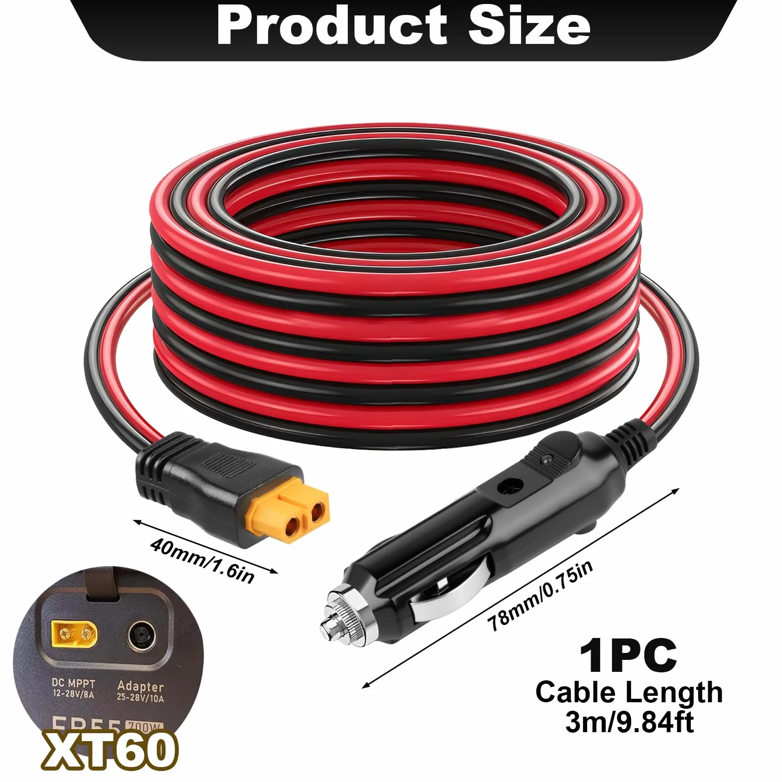 Cavo da accendisigari da 12 V/24 V a XT60, adattatore CC XT60 da 3 m, 16 AWG, caricabatteria da auto per BLUETTI Power Station EB55/AC2A/AC70, Anker 757/767, SOLIX C200 C300, generatore solare ECOFLOW