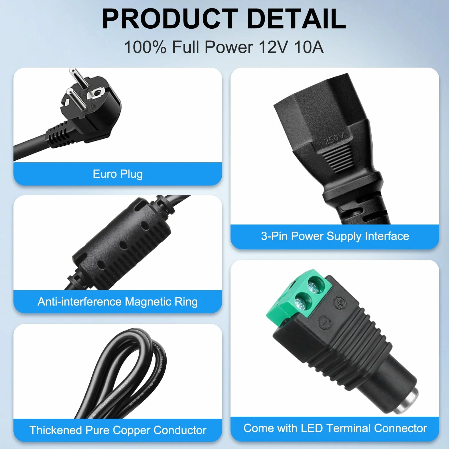 Adattatore di Alimentazione 12V 10A, 120W Convertitore AC 100-240V a DC 12V 10A con Connettore 5,5 x 2,5/2,1 mm Compatibile con Strisce LED, Stampanti 3D, Telecamere CCTV e Dispositivi a 12V