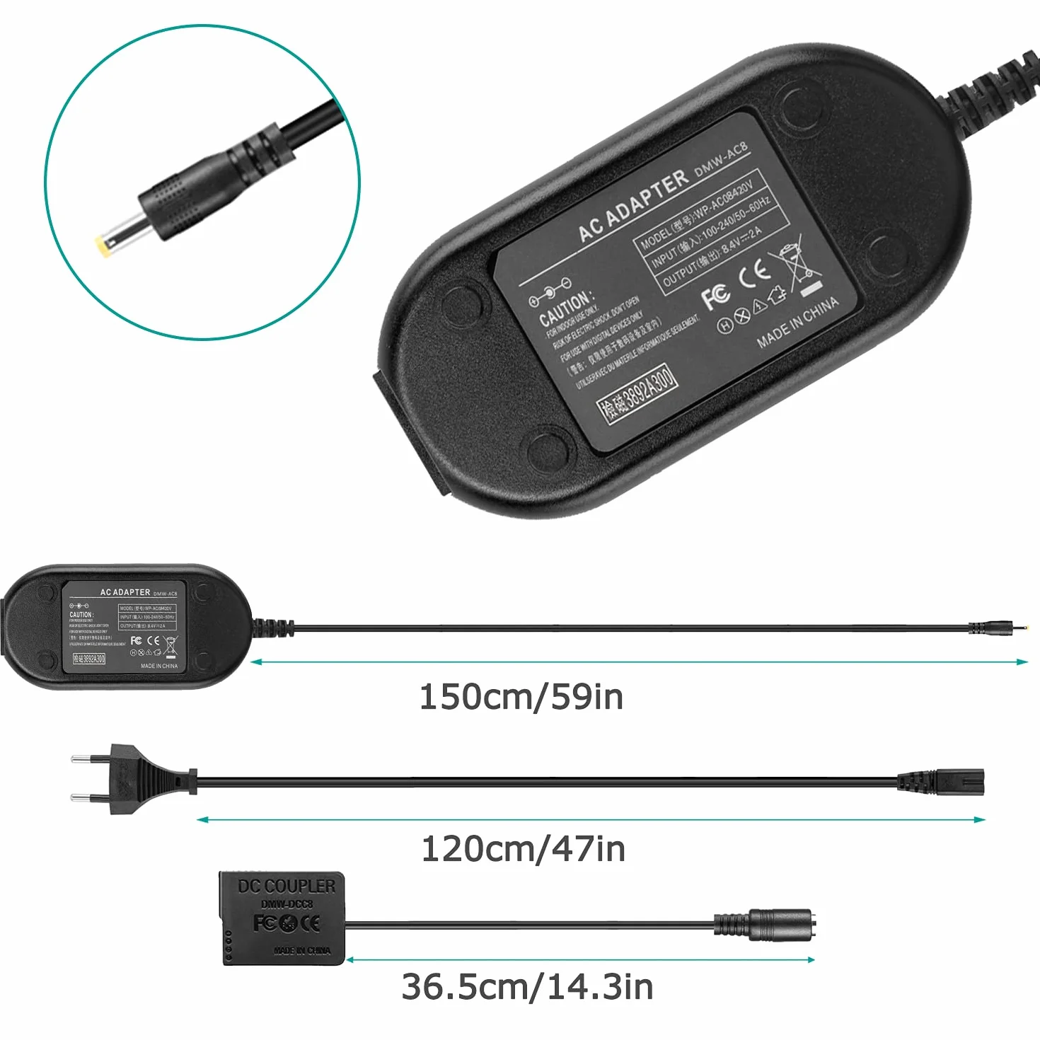 DMW-AC8 Adattatore di alimentazione CA DMW-DCC8 Accoppiatore CC DMW-BLC12 Batteria fittizia per Panasonic Lumix DMC-FZ2500 FZ1000 FZ300 FZ200 G85 GX8 G7 G6 G5 DC-G90 G95 Telecamere