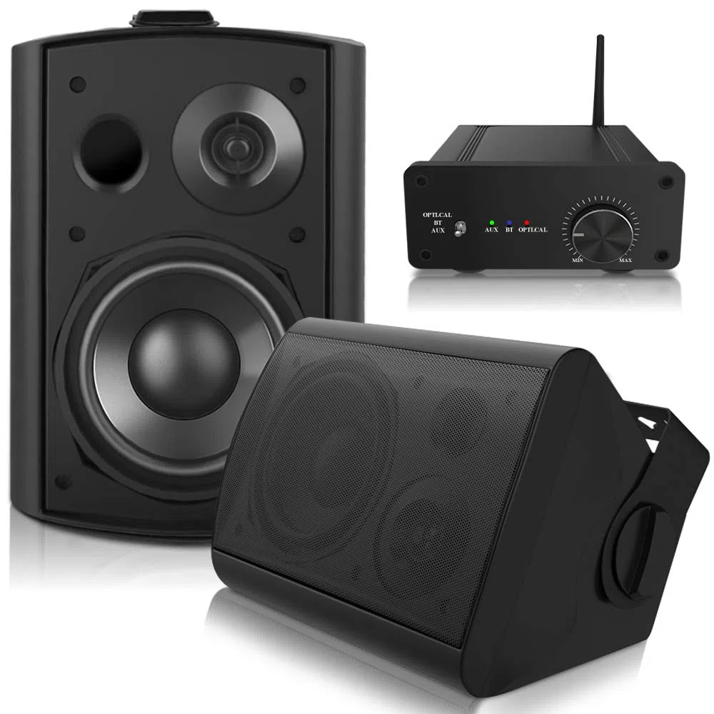 pohopa Altoparlanti da esterno da 5,25 pollici con ricevitore amplificatore stereo Bluetooth, durata per tutte le stagioni, ampia copertura del suono, sistema di montaggio Speed-Lock (nero)