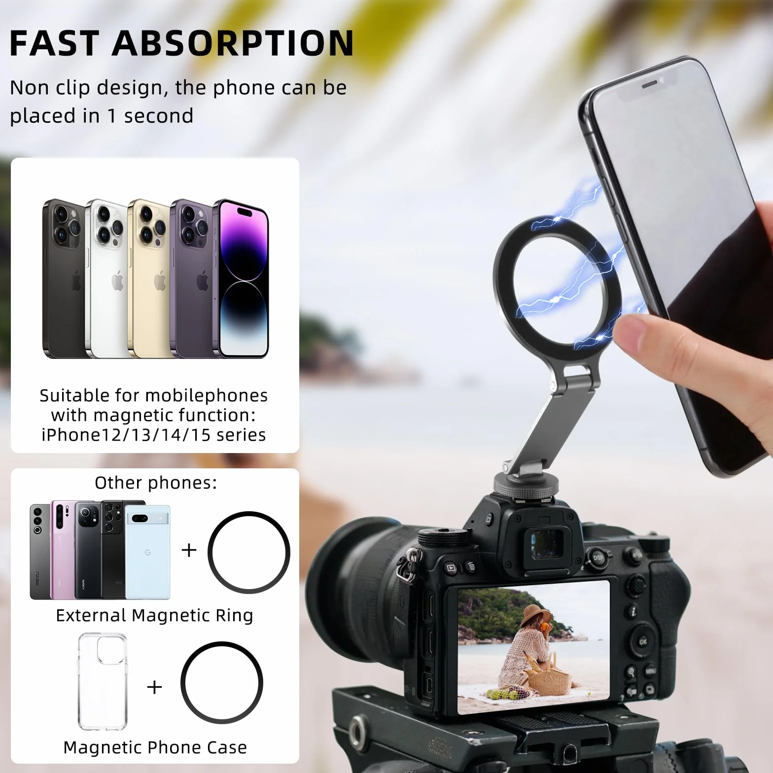 REYGEAK Adattatore per treppiede per telefono, supporto per fotocamera con vite da 1/4, supporto magnetico flessibile per telefono Magsafe iPhone16 15 14 13 12 Pro Max Plus Mini