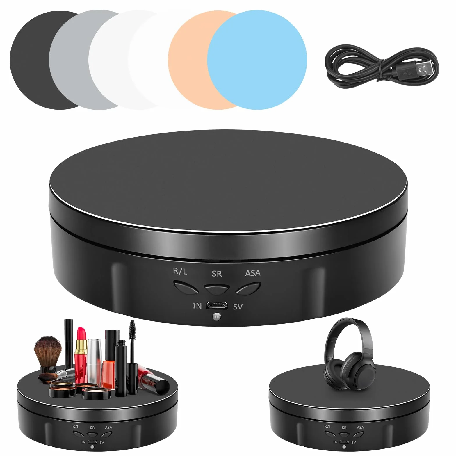 Piatto Girevole Elettrico, 14.6CM 360° Direzione e Velocità Regolabili Espositore Girevole Elettrico, 10KG Automatico Base Girevole Ricaricabile con 6 Pannello di Sfondo per Esposizione di Gioielli