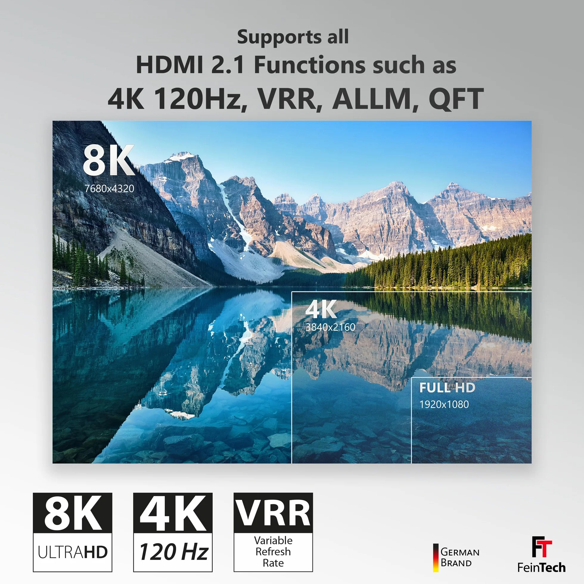 FeinTech SW211, switch HDMI 2.1, bidirezionale 2x1, 4K 120Hz, 8K, 2 in 1 uscita o 1 in 2 uscite, cavo HDMI integrato