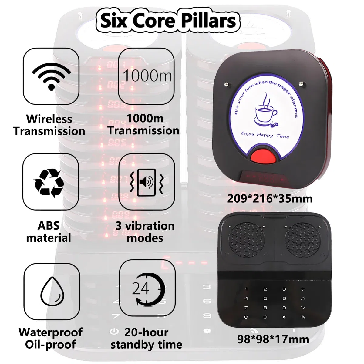 Cercapersone per Ristoranti, Segnale Coda Wireless con Portata 1000m, Sistemi di Chiamata Wireless Digitale per Gestione delle Code con Vibrazione e Segnale Luminoso, Tastiera Touch