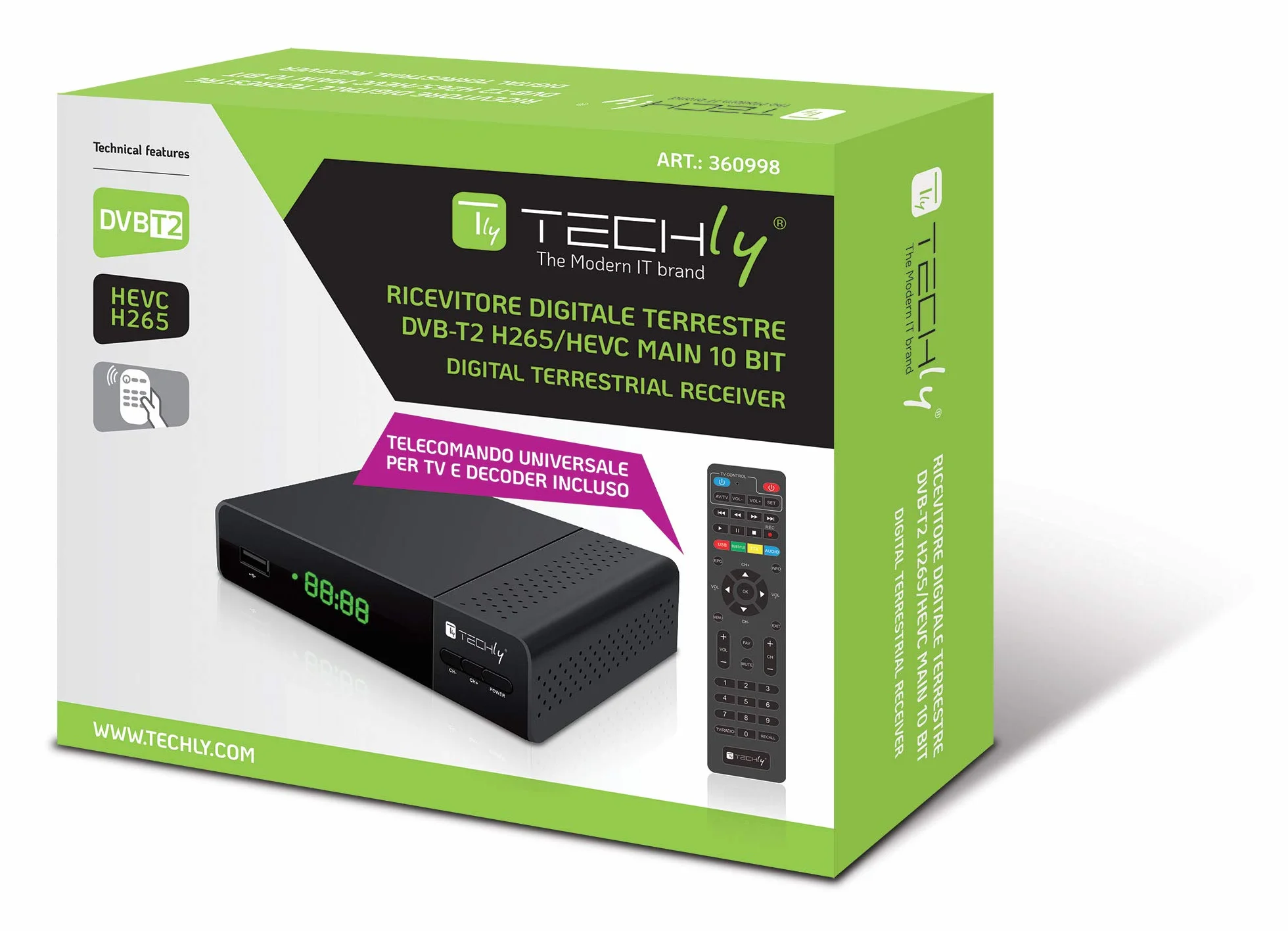Techly 360998 Decoder Ricevitore Digitale Terrestre DVB-T/T2 H.265 HEVC 10bit con Display e Telecomando Universale 2 in 1 Nero