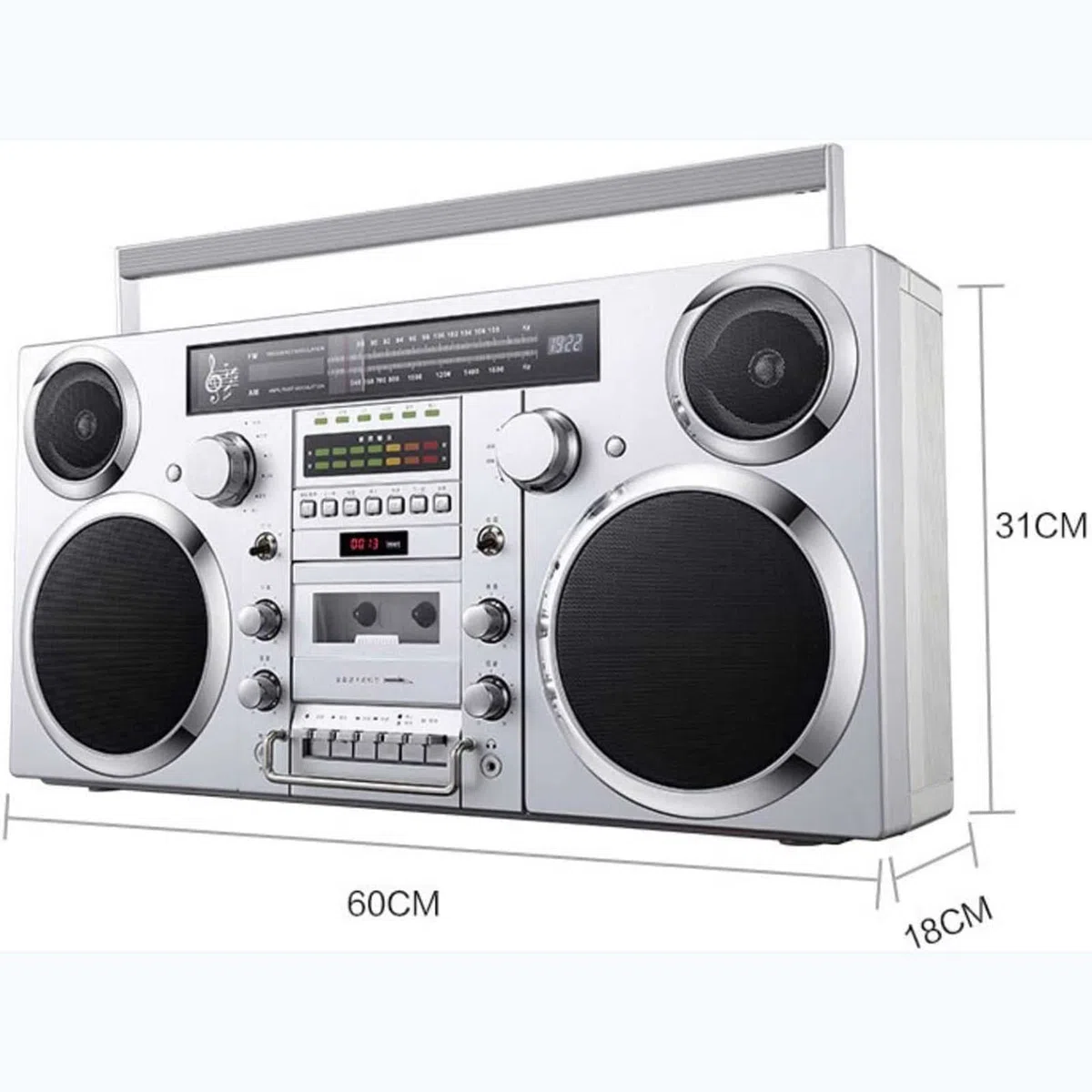 Boombox wireless retrò con Bluetooth 5.0, radio AM/FM, riproduzione SD/AUX/USB e registrazione one-touch per intrattenimento musicale domestico e all'aperto