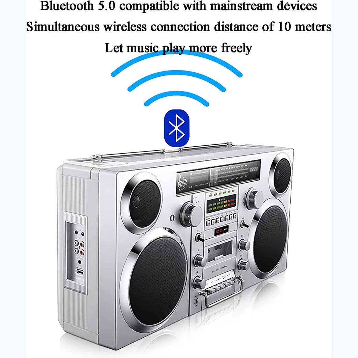 Boombox wireless retrò con Bluetooth 5.0, radio AM/FM, riproduzione SD/AUX/USB e registrazione one-touch per intrattenimento musicale domestico e all'aperto