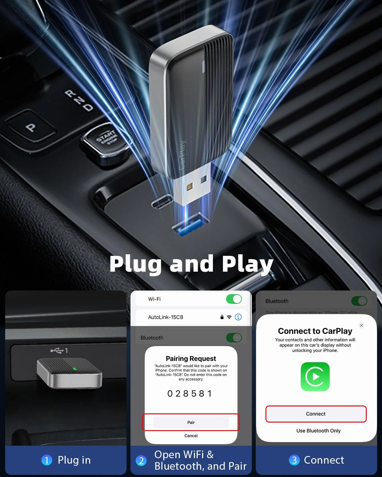 MoKo Adattatore CarPlay Wireless per Apple iPhone(2025 aggiornato), Mini Adattatore Car Play Wireless per iOS 10 e auto con Apple CarPlay, Convertire Car Play cablata in Wireless, Plug and Play, Nero