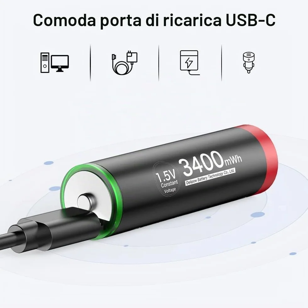 1.5V USB-C Batterie AA ricaricabili 3400mWh, Pile Ricaricabili AA Litio 1500 Cicli con Cavo USB-C, 4 pezzi