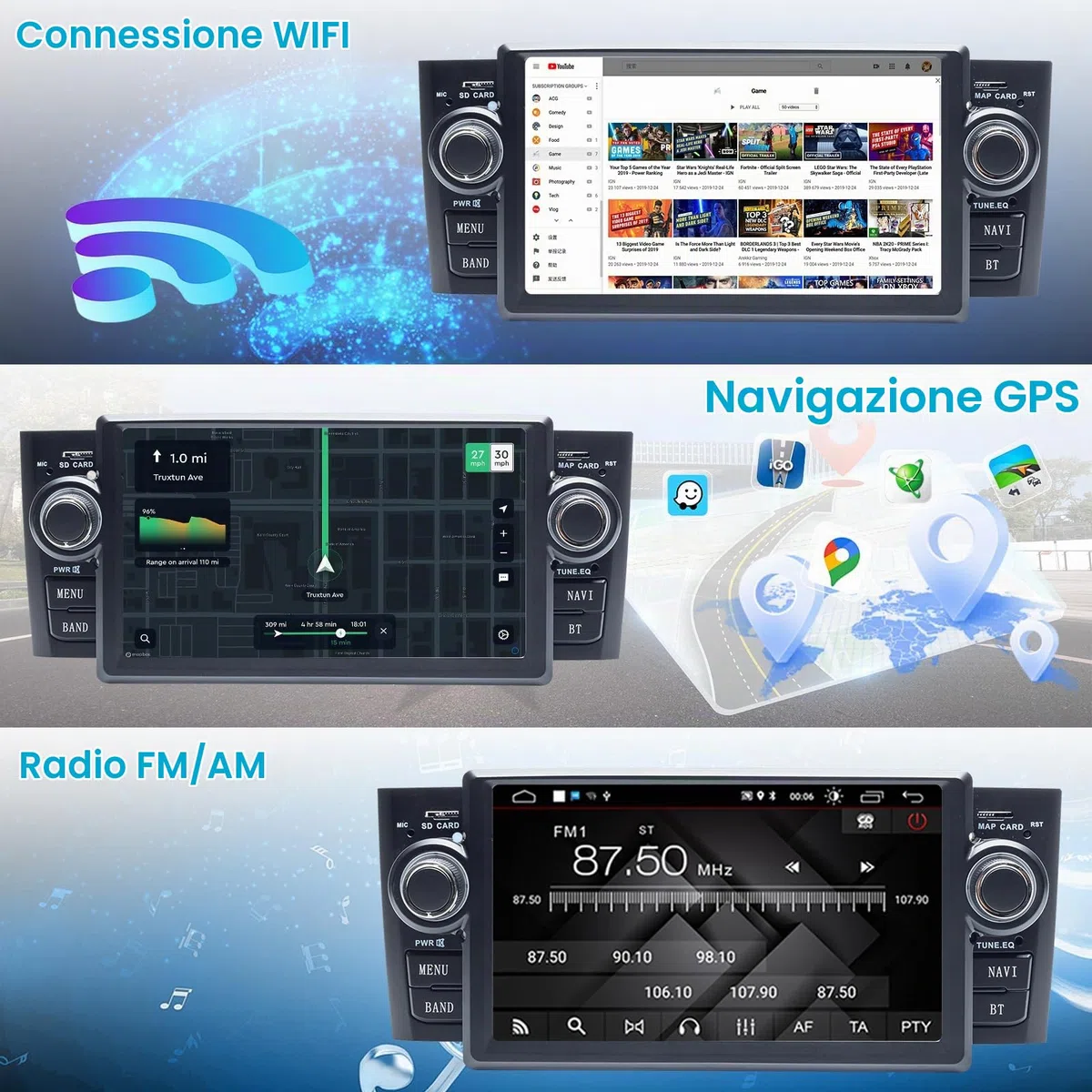 Autoradio Android 7" per FIAT Linea 2007-2011 & Grande Punto 2005-2009, Apple CarPlay Cablato & Android Auto, Navigazione GPS, Bluetooth, WiFi, Radio FM, Controllo al Volante, 2GB+16GB