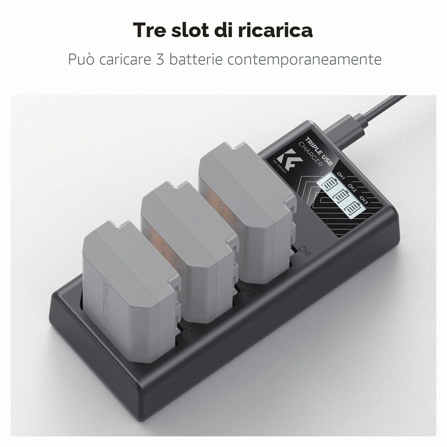 K&F CONCEPT Caricabatterie NP-FZ100, caricabatterie a 3 slot A7iii con display LCD per fotocamere Sony A7iii A7iv A7Rv A6700 A6600 A9 A1 FX3 FX30 ZV-E1