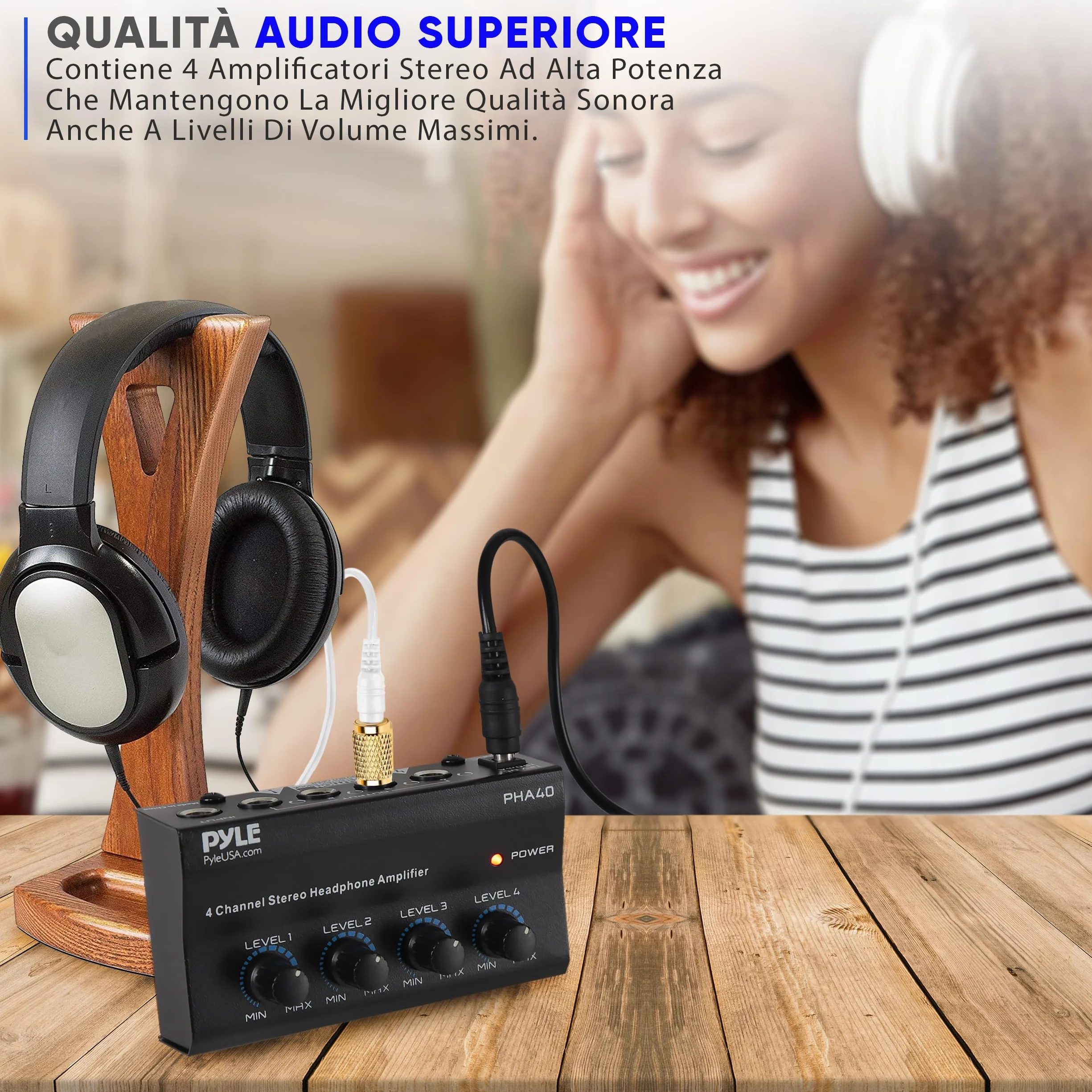 Pyle Preamplificatore Phono, Giradischi - Amplificatore Audio Stereo 4 Canali Portatile con Jack Bilanciato TRS da 6,35 mm e Ingresso TRS da 6,35 mm