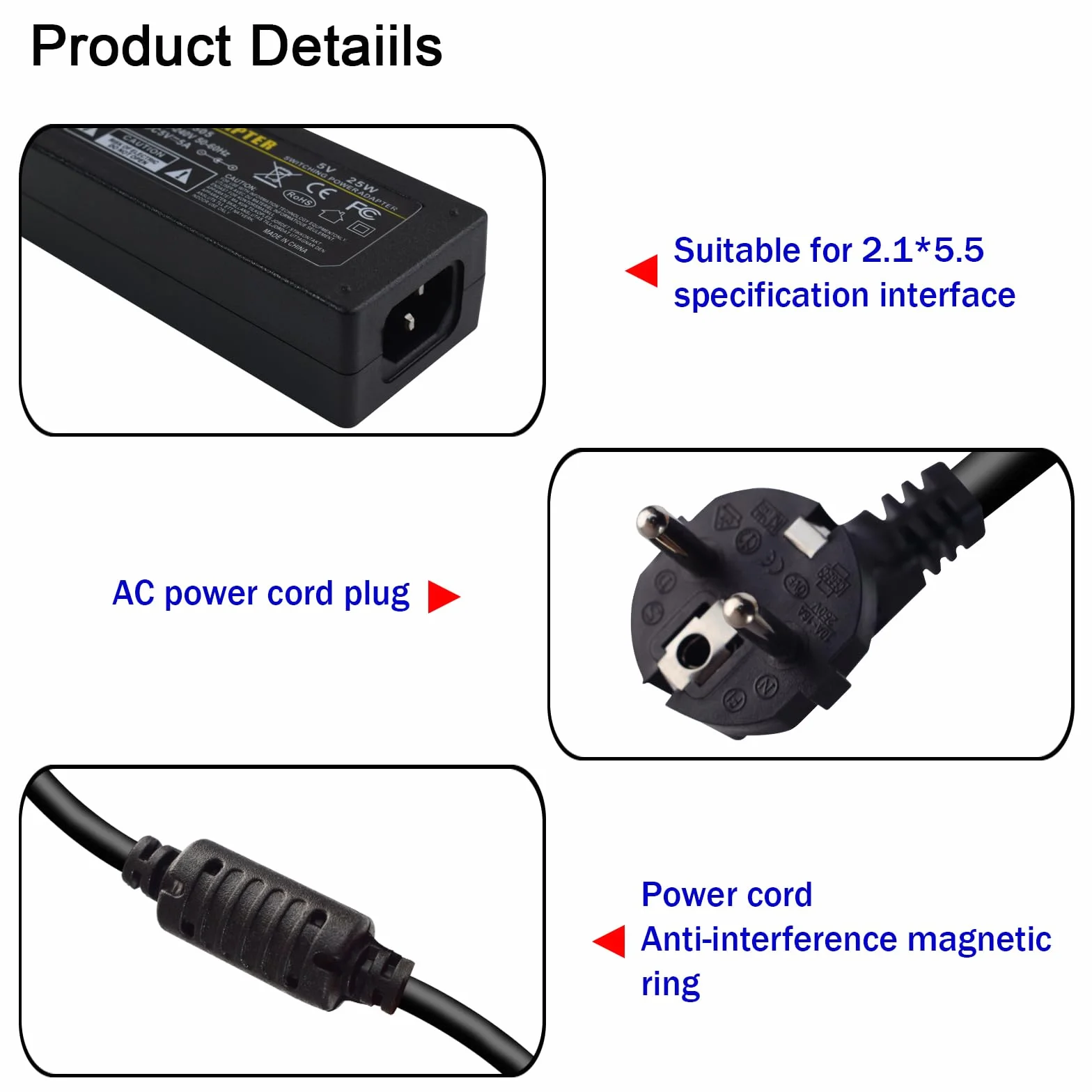Alimentatore 5V 10A 50W, Adattatore di Alimentazione AC 100-240V a DC 5V, Trasformatore Stabilizzato con Spina UE, Interfaccia 5.5x2.5mm per Telecamere CCTV, Strisce LED, Dispositivi Elettronici