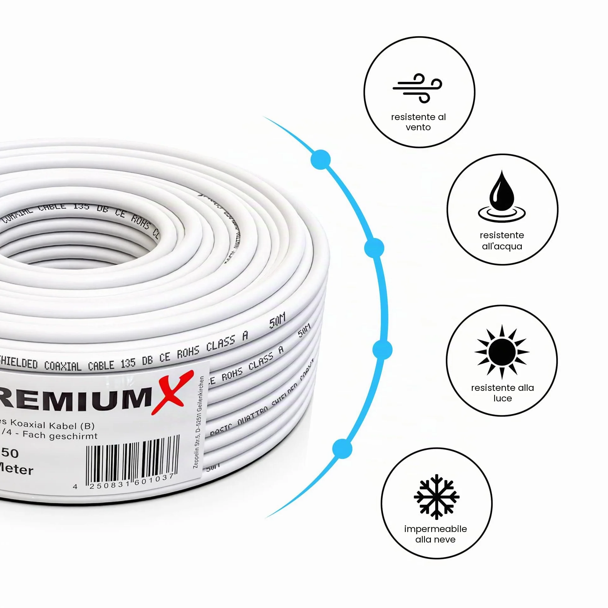 Premium X BASIC Cavo Coassiale Da 50m - Ricezione Perfetta Con Schermatura in Alluminio Quadrupla 135dB - Compatibile Con DVB-S/S2/C/T, BK Impianti - Inclusi 10 Connettori F