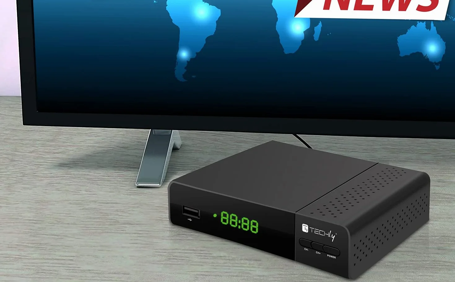 Techly 360998 Decoder Ricevitore Digitale Terrestre DVB-T/T2 H.265 HEVC 10bit con Display e Telecomando Universale 2 in 1 Nero