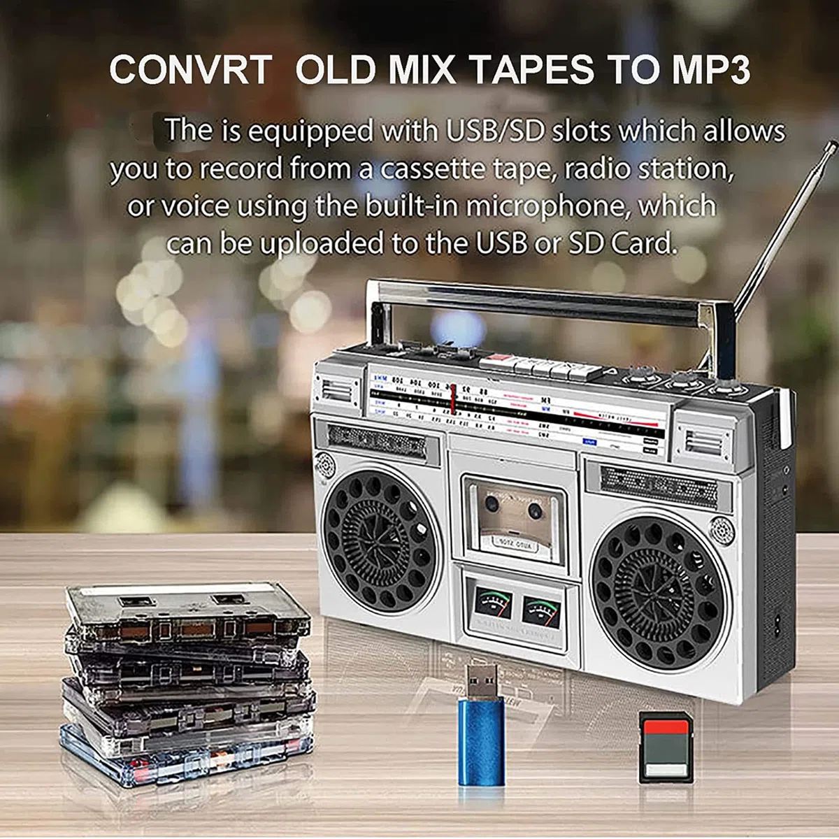 Radio retrò, Boombox a Cassetta retrò, registratore Lettore Bluetooth Radio AM/FM Portatile ad Alta fedeltà, conversione di Cassette in USB/SD, Riproduzione HD con Doppio
