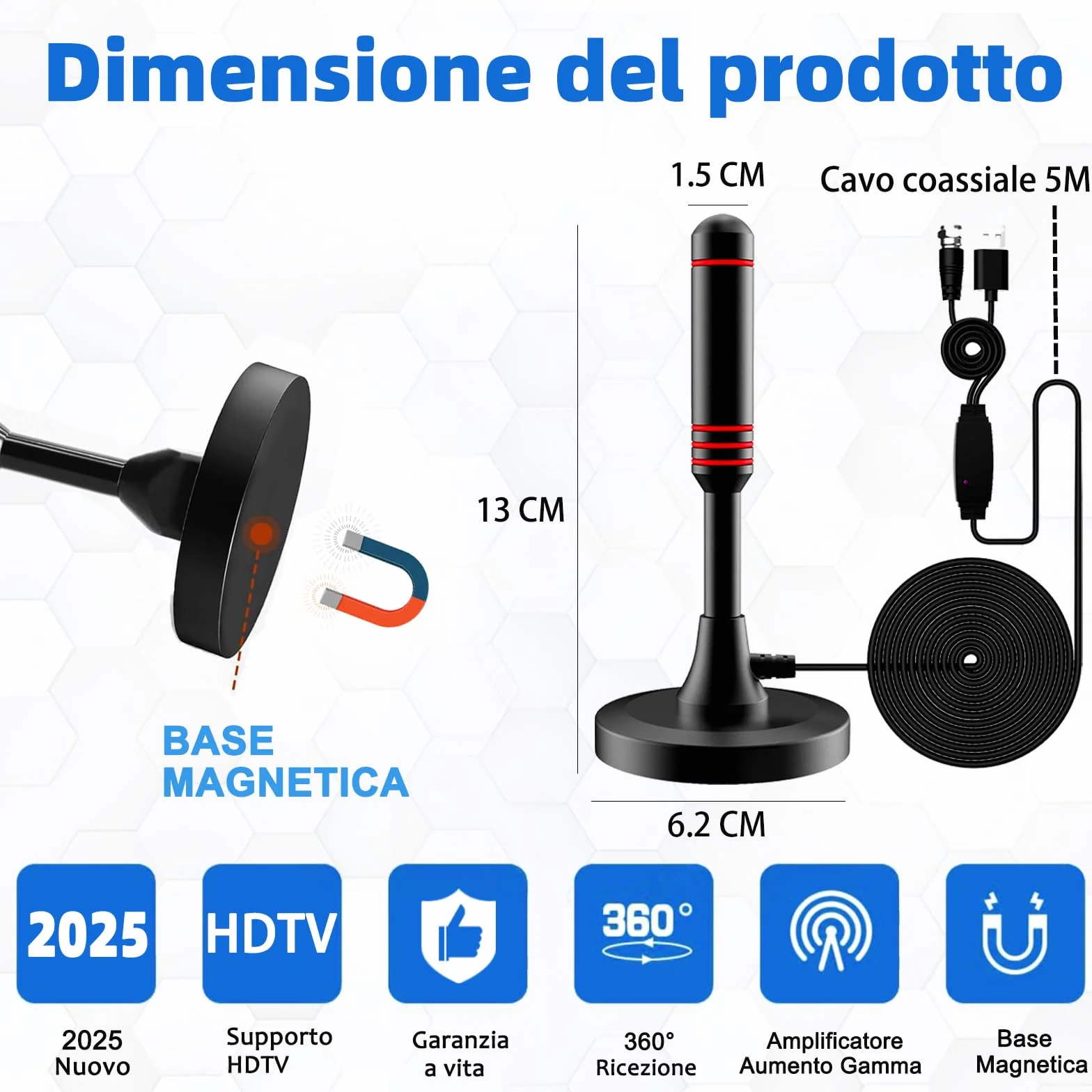 Antenna TV Interna, Antenna TV Interna HDTV Digitale 500+ Miglia Amplificata con Base Magnetica/Amplificatore di Segnale Support 4K HD/1080P/VHF/UHF per Home Smart Televisione/Radio, Cavo Coassiale 5M