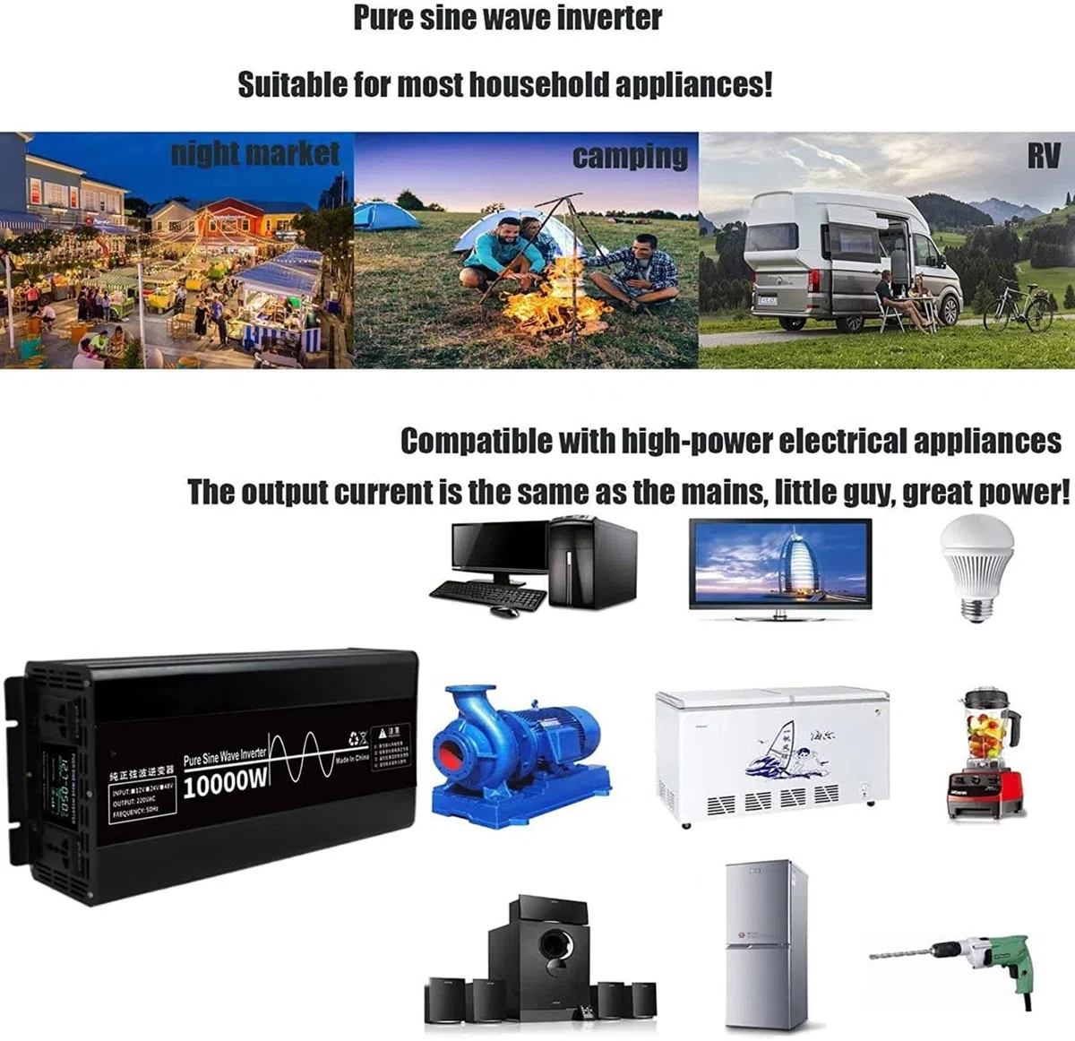 10000 W Convertitore di Alimentazione per Auto Adattatore per Inverter a Onda sinusoidale Pura Dc12v-24v 48v a AC 220- con Display a Colori Intelligente,per Campeggio da Viaggio,48V-10000W