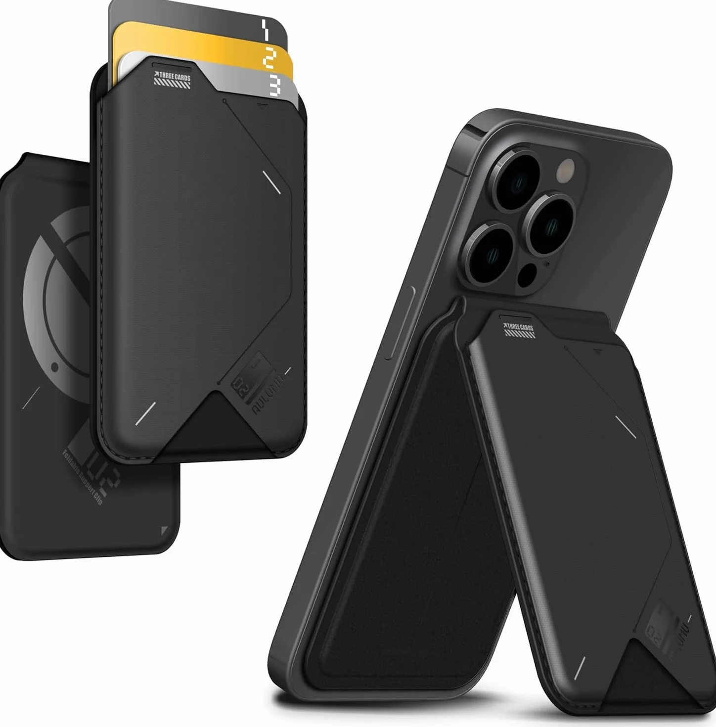 Aulumu G02 [2 in 1] Portafoglio Magnetico & Supporto, Compatibile con MagSafe, Supporto Regolabile, Finestra Aperta per ID, Portafoglio Mag-safe per Serie iPhone 16/15/14/13/12 - Nero