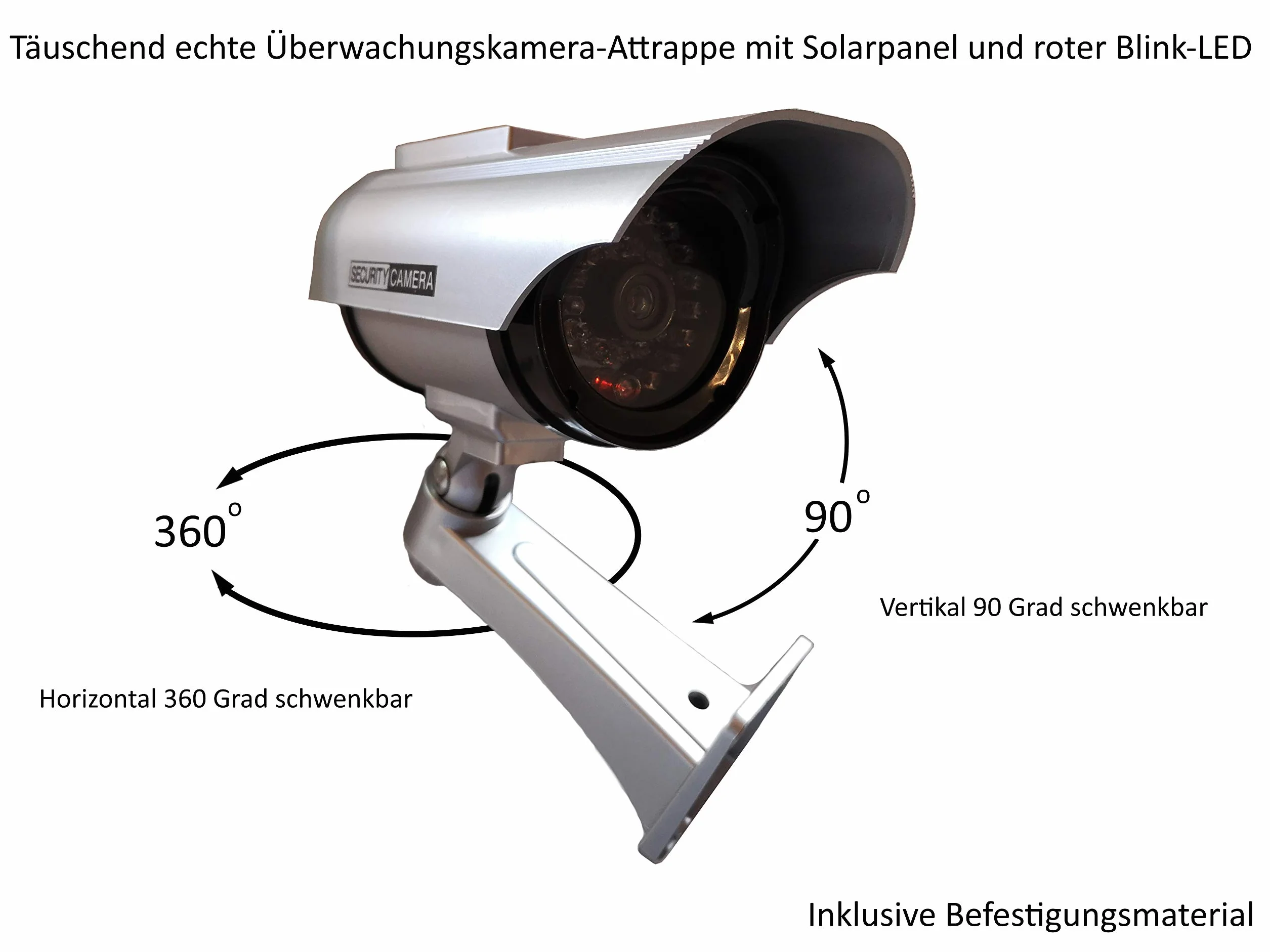 Set di 2 telecamere di sorveglianza finte a energia solare, per esterni, con obiettivo e indicatore di direzione