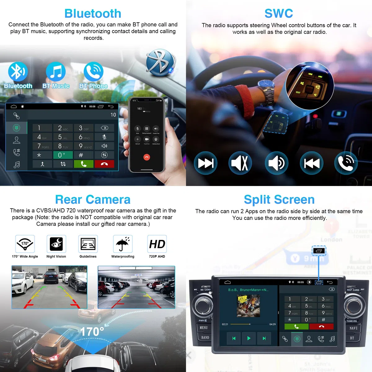 Autoradio Android 7" per FIAT Linea 2007-2011 & Grande Punto 2005-2009, Apple CarPlay Cablato & Android Auto, Navigazione GPS, Bluetooth, WiFi, Radio FM, Controllo al Volante, 2GB+16GB