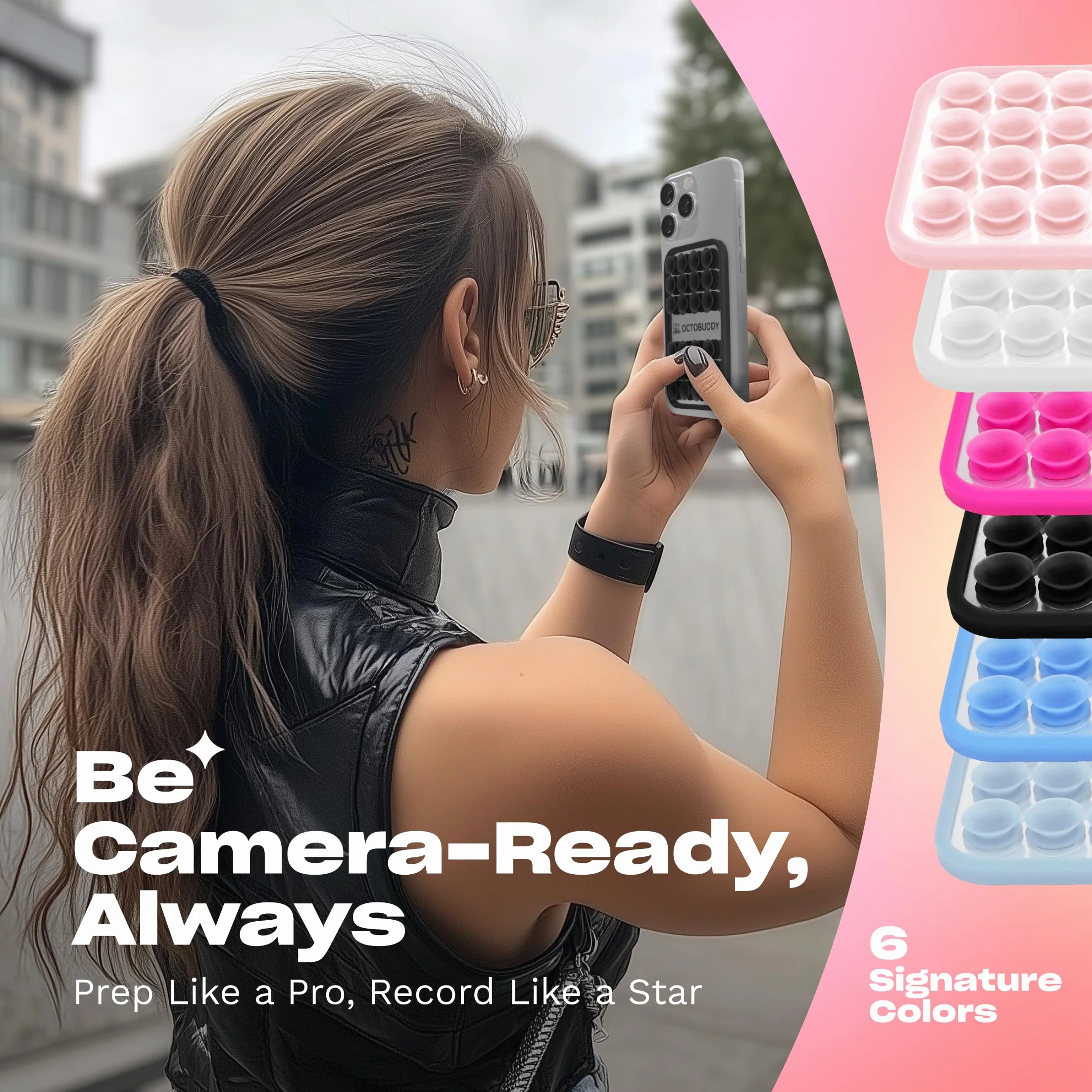 OCTOBUDDY Mirror - Il GOAT Delle Ventose per Telefono - Supporto Cellulare in Silicone con Specchio Integrato - Selfie e Video Senza Mani - Accessorio per Content Creator - 66 x 99 mm, Azzurro Chiaro