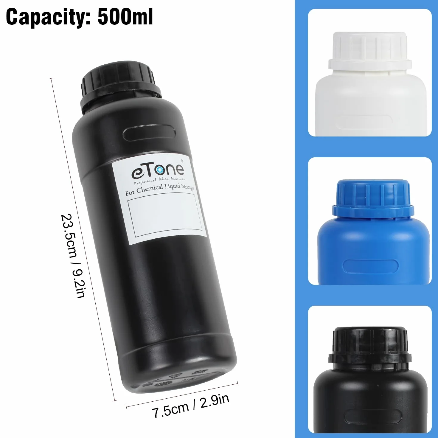 eTone Darkroom - 3 flaconi da 500 ml per prodotti chimici con tappi, per lo sviluppo di film, attrezzature per lo sviluppo di foto (nero)
