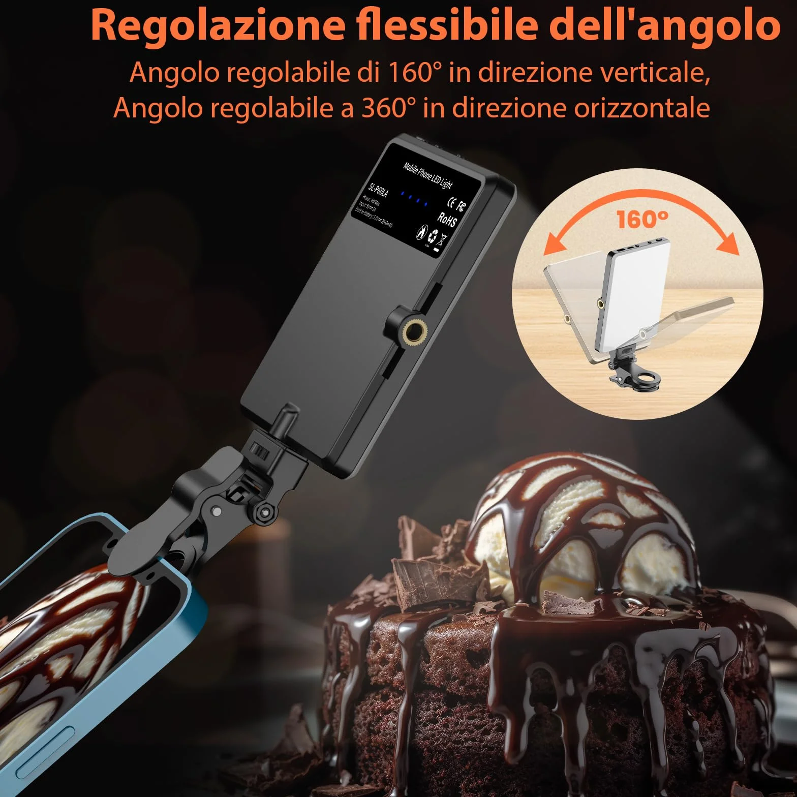 TONEOF Luce Selfie portatile, Flash Luce per telefono ricaricabile con clip e doppio foro tornito da 1/4", Luci per fotocamera 2500-9000K per Phone/computer portatile/tablet-Nero