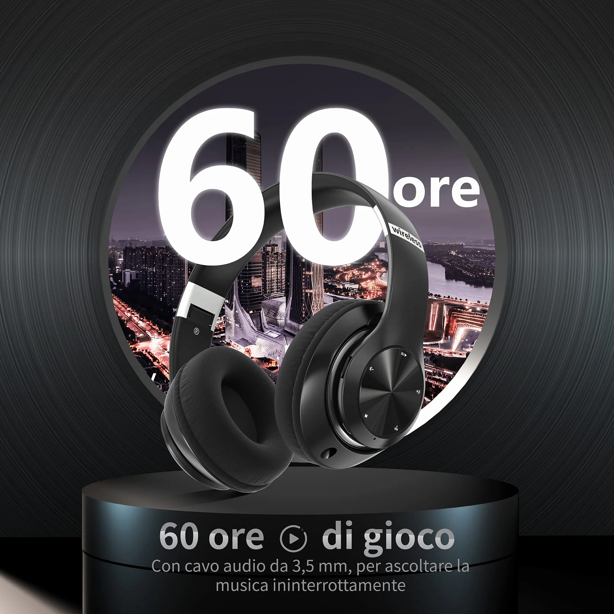 Cuffie Bluetooth Over Ear, 60 Ore Di Riproduzione, Cuffie Wireless 6 EQ Modalità Di Suono con Filo, Cuffie con Microfono Stereo HiFi, USB C, SD/TF, FM, Cuffie Bluetooth 5.0 per Sport Viaggio, Studio