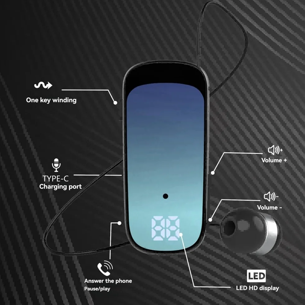 K65 Auricolare Bluetooth Cablato Retrattile con Clip per Cravatta Display Digitale in-Ear Cuffia Monoauricolare Business A Lunga Durata Blue