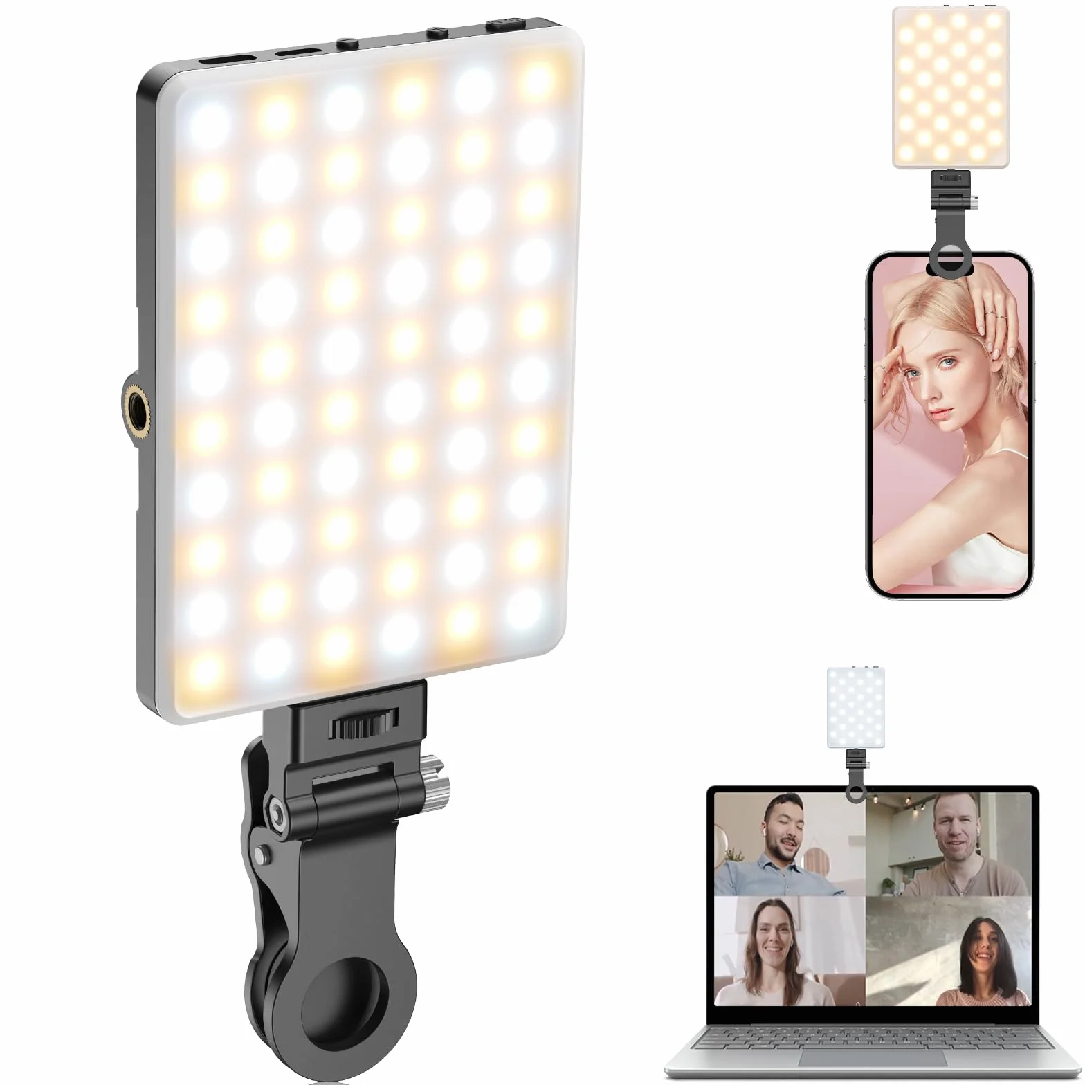 TONEOF Luce Selfie portatile, Flash Luce per telefono ricaricabile con clip e doppio foro tornito da 1/4", Luci per fotocamera 2500-9000K per Phone/computer portatile/tablet-Nero