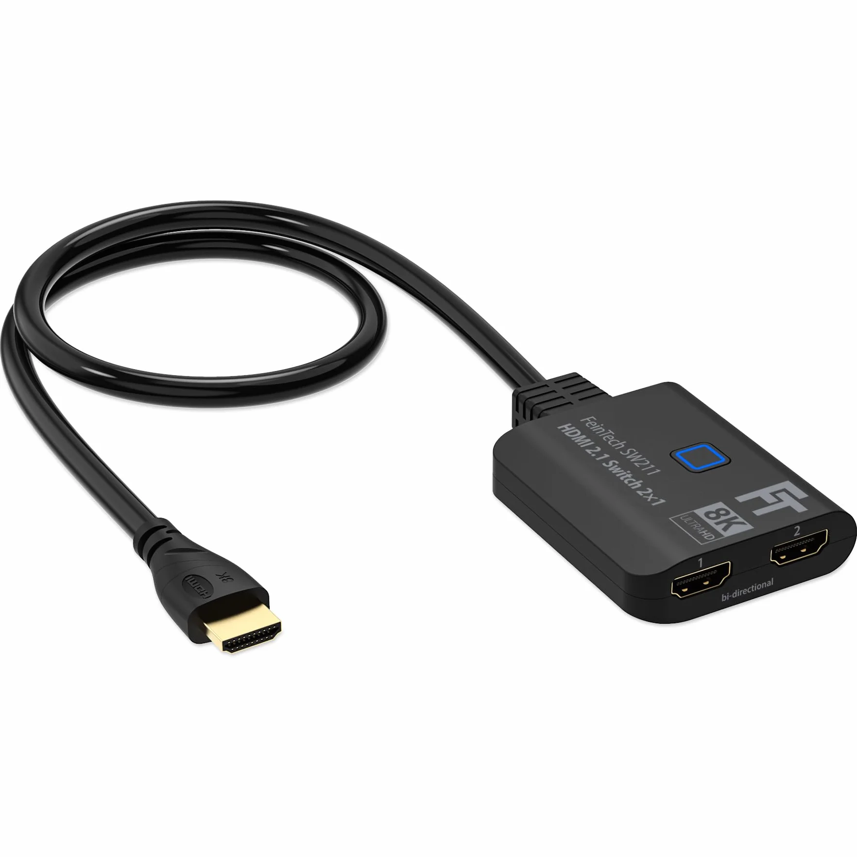 FeinTech SW211, switch HDMI 2.1, bidirezionale 2x1, 4K 120Hz, 8K, 2 in 1 uscita o 1 in 2 uscite, cavo HDMI integrato