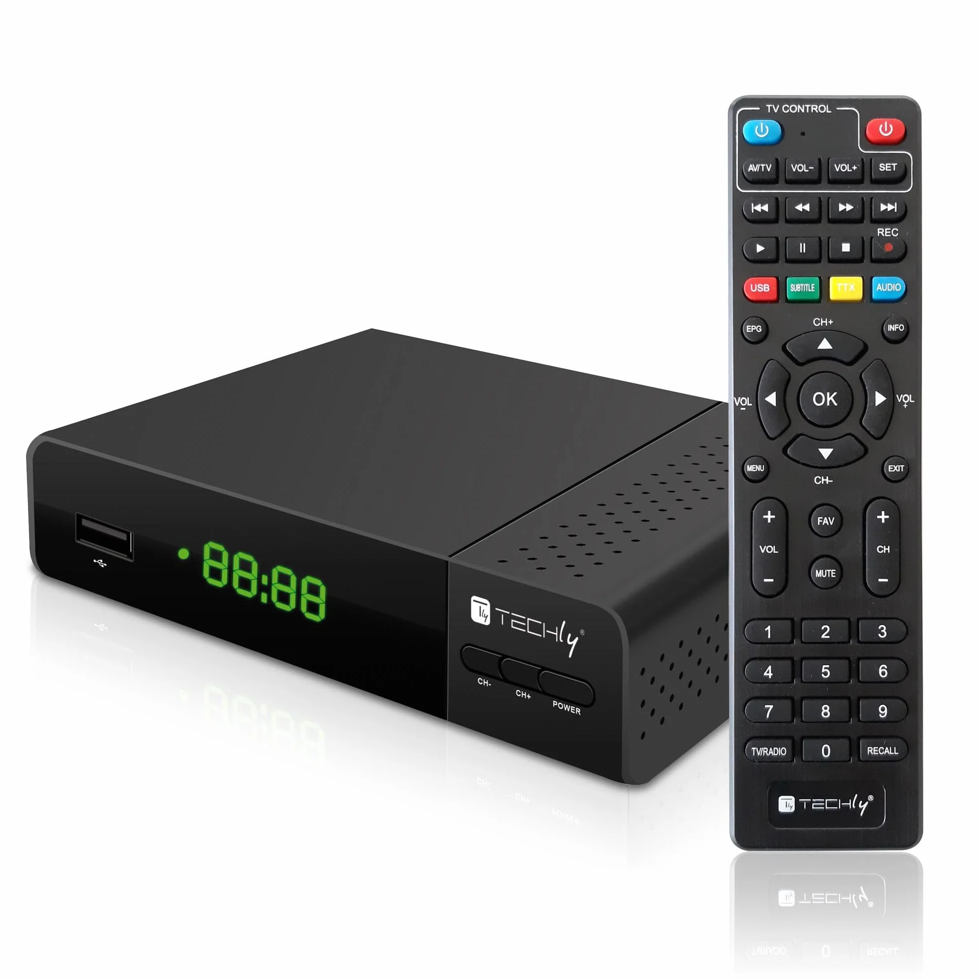 Techly 360998 Decoder Ricevitore Digitale Terrestre DVB-T/T2 H.265 HEVC 10bit con Display e Telecomando Universale 2 in 1 Nero