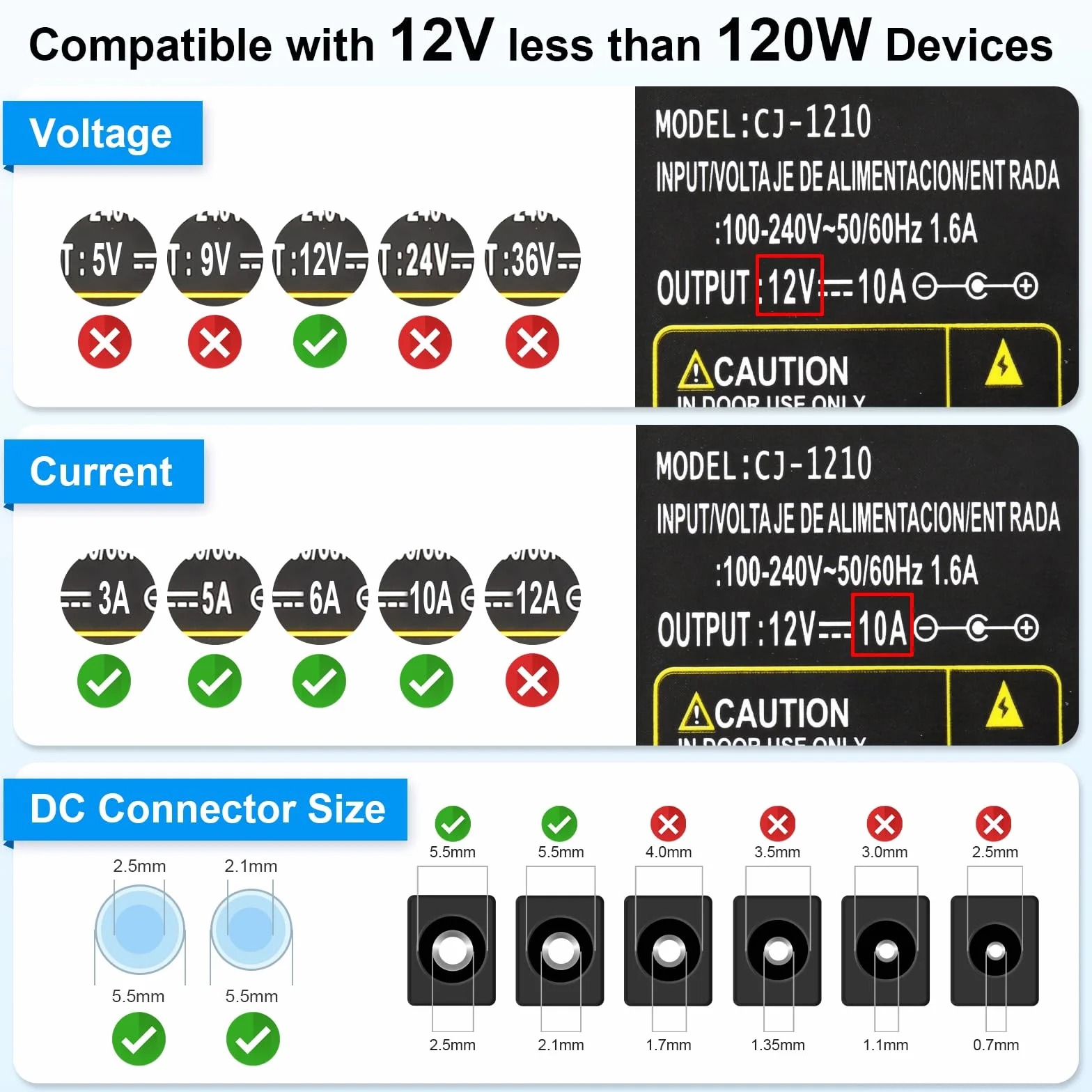 Adattatore di Alimentazione 12V 10A, 120W Convertitore AC 100-240V a DC 12V 10A con Connettore 5,5 x 2,5/2,1 mm Compatibile con Strisce LED, Stampanti 3D, Telecamere CCTV e Dispositivi a 12V