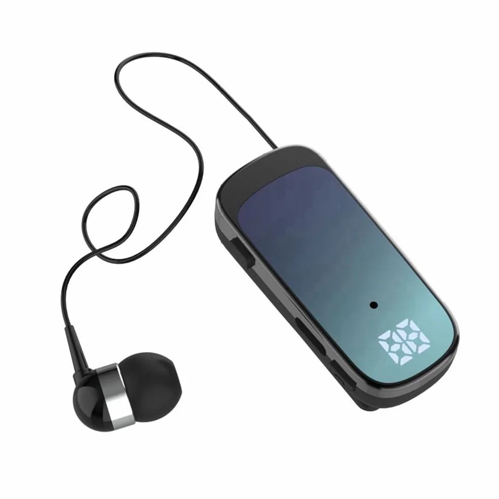 K65 Auricolare Bluetooth Cablato Retrattile con Clip per Cravatta Display Digitale in-Ear Cuffia Monoauricolare Business A Lunga Durata Blue