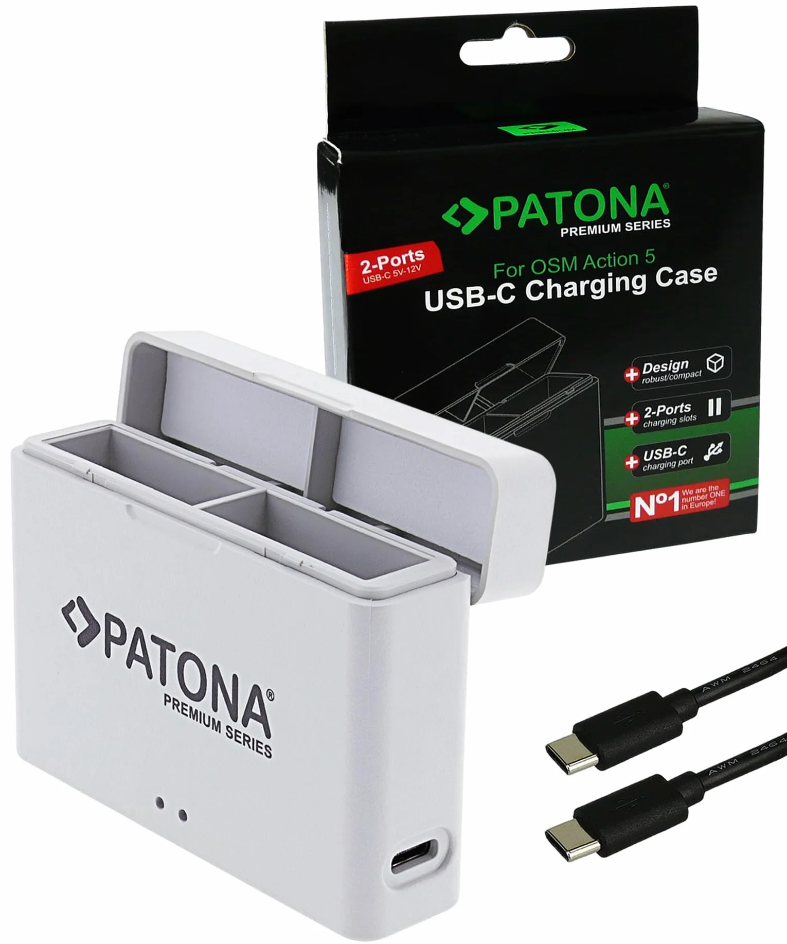 PATONA Premium Dual Charging Box per DJI Osmo Action 3 4 5 6 – Caricatore con connessione USB-C e indicatore di carica – per 2 batterie BCX202, ricarica sicura grazie al sistema MCU, cavo USB C