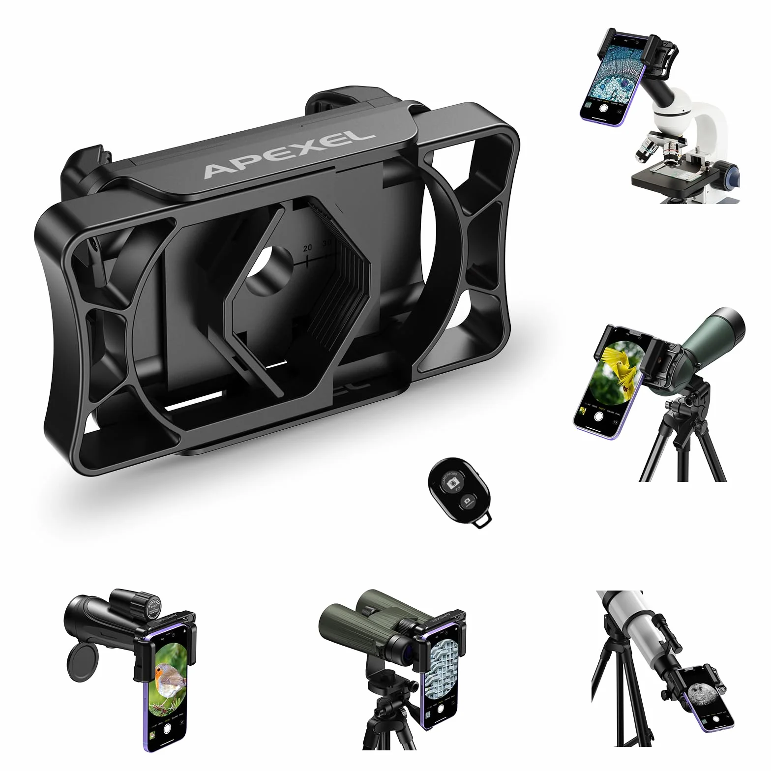 APEXEL Adattatore Universale per Smartphone con Telescopio con Bluetooth, Compatibile con Binocoli, Monoculare e Microscopi, Adattatore per Montaggio su Telescopio, Adatto a Tutti Gli Smartphone
