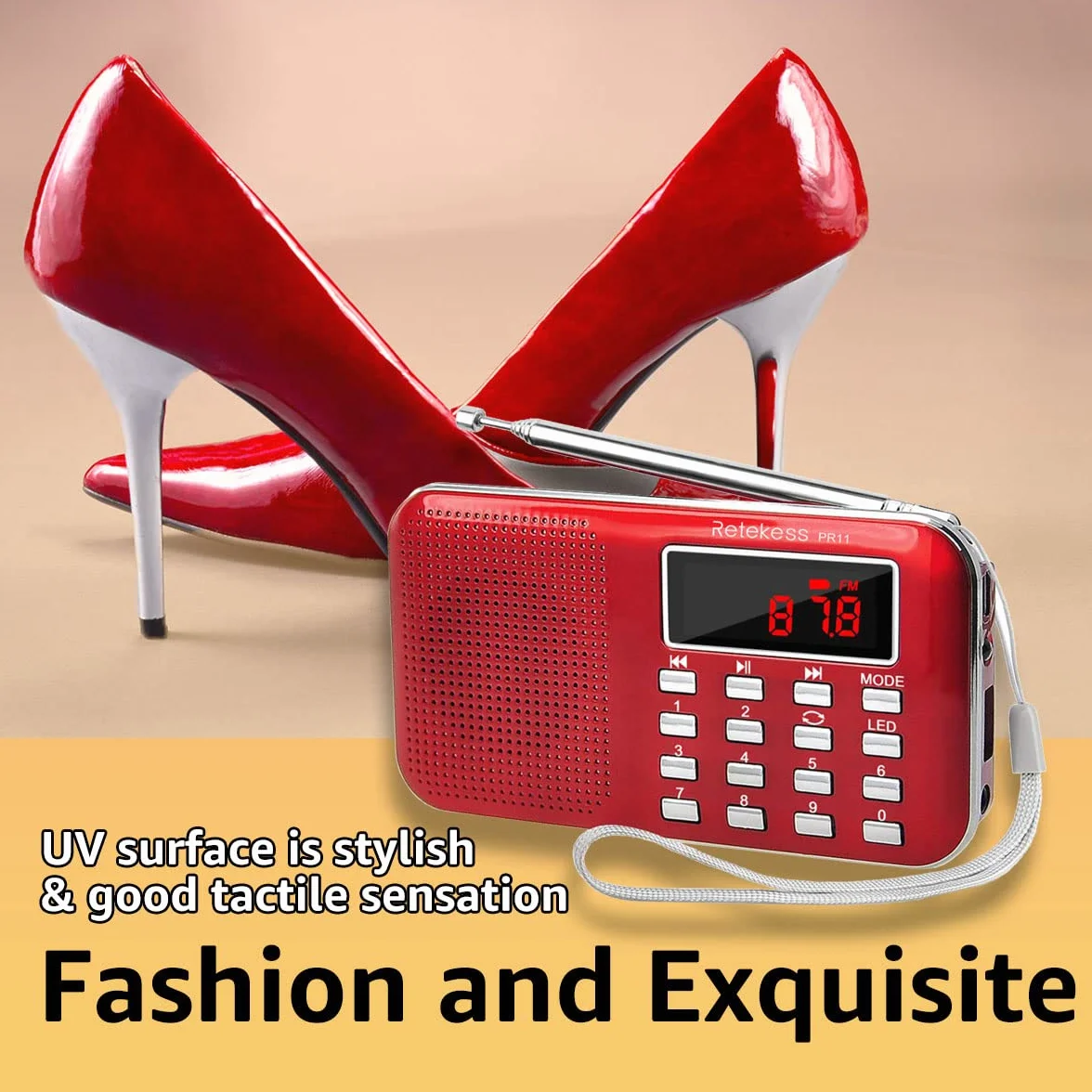 Retekess PR11 Mini Radio Portatile, Radio FM AM, con Altoparlanti, Display LCD, Batteria Ricaricabile, Radiolina Tascabile Supporta unità USB, Scheda TF, AUX (Rosso)