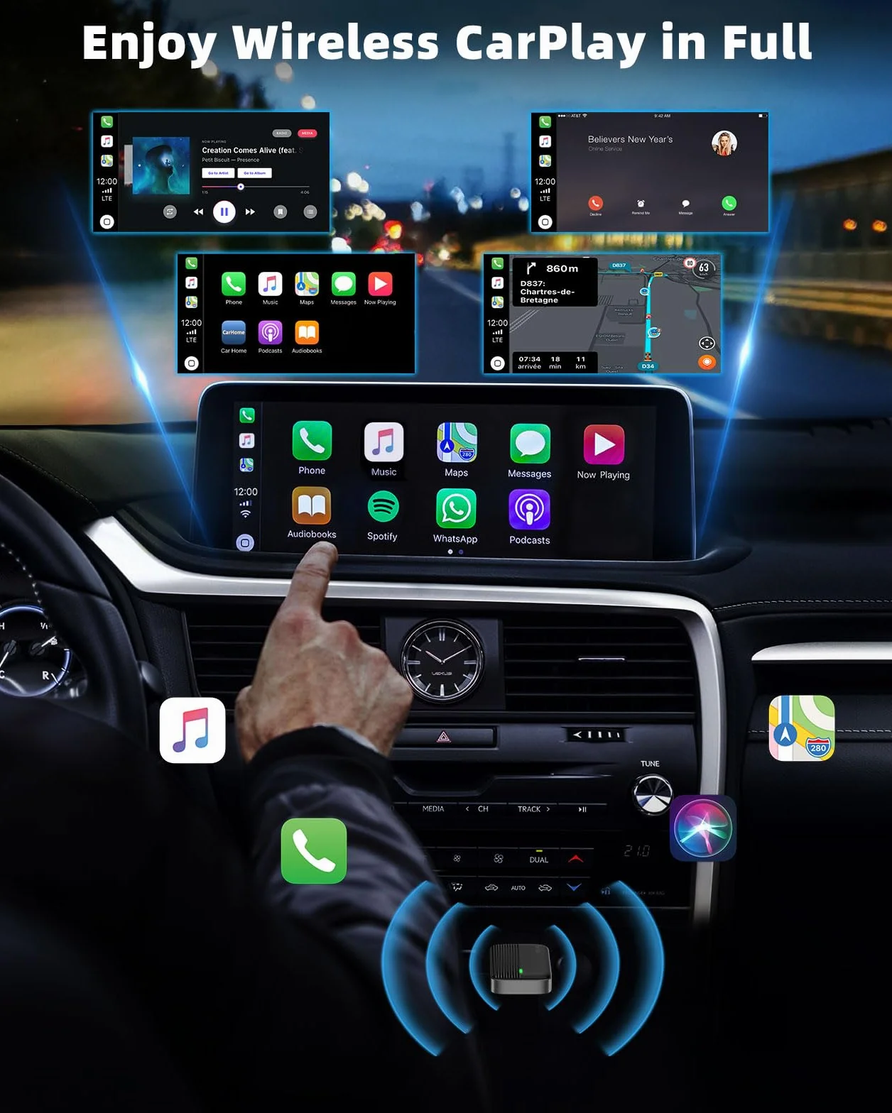 MoKo Adattatore CarPlay Wireless per Apple iPhone(2025 aggiornato), Mini Adattatore Car Play Wireless per iOS 10 e auto con Apple CarPlay, Convertire Car Play cablata in Wireless, Plug and Play, Nero