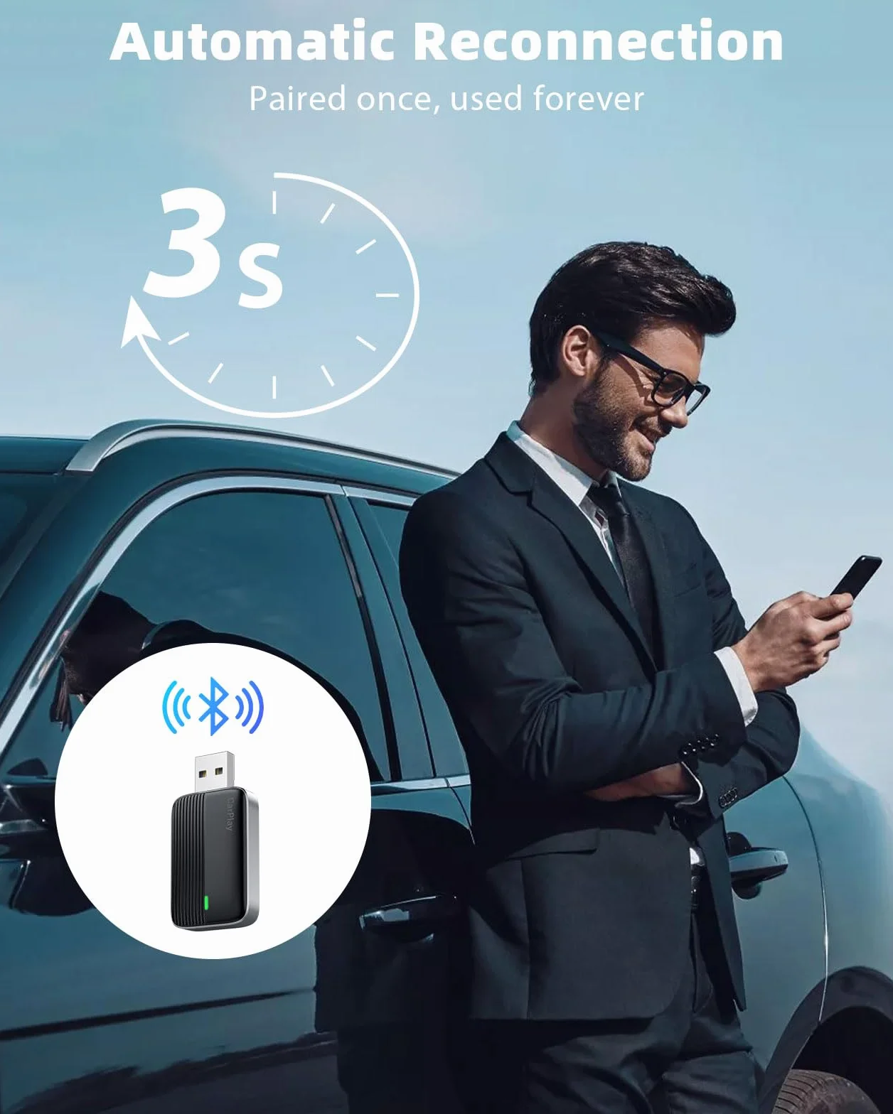 MoKo Adattatore CarPlay Wireless per Apple iPhone(2025 aggiornato), Mini Adattatore Car Play Wireless per iOS 10 e auto con Apple CarPlay, Convertire Car Play cablata in Wireless, Plug and Play, Nero